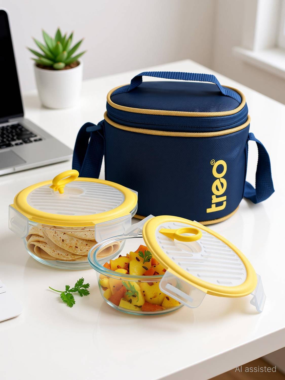 TREO All Fresh Borosilicate Glass Round Tiffin set of 2, 400 ml each, Carry Jacket 2 Containers Glass Office Lunch Box