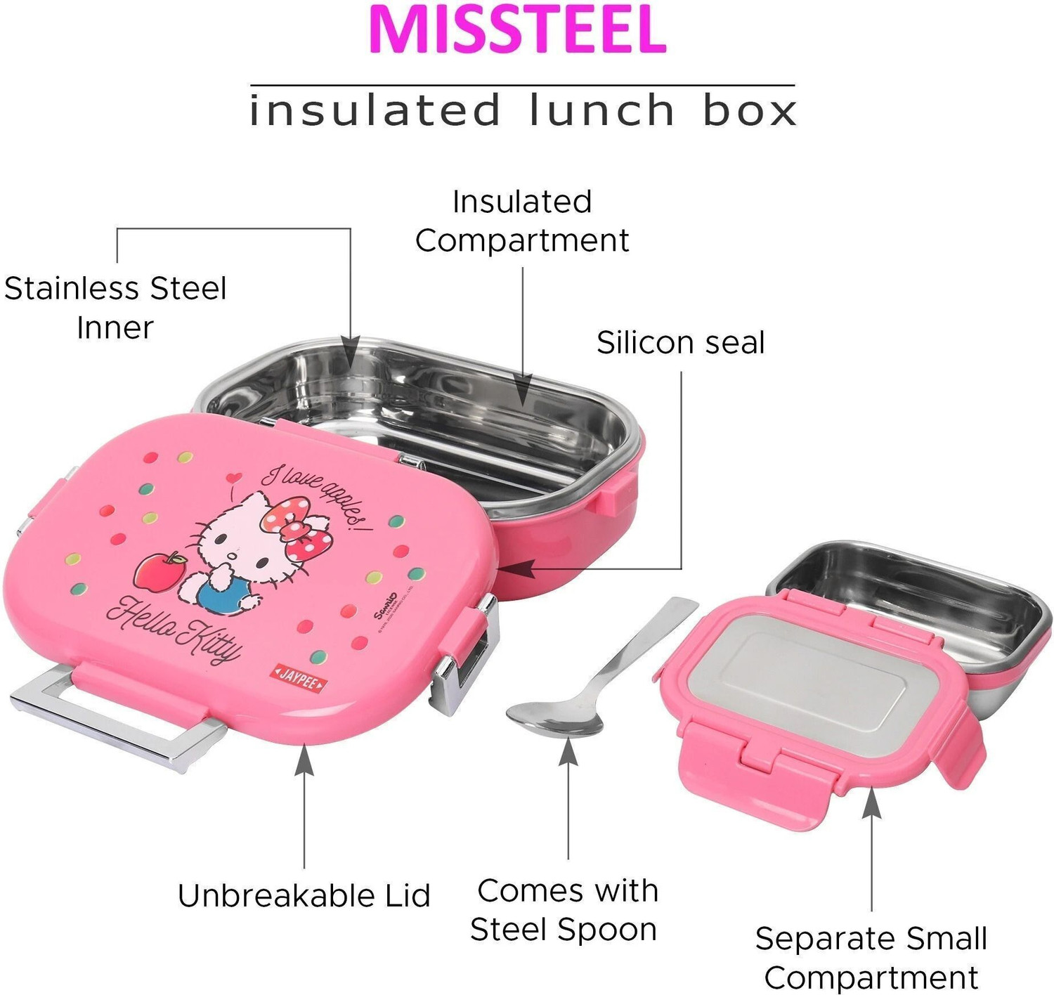 Image of JAYPEE Missteel Kitty 1 Containers Stainless Steel, Polypropylene School Lunch Box
