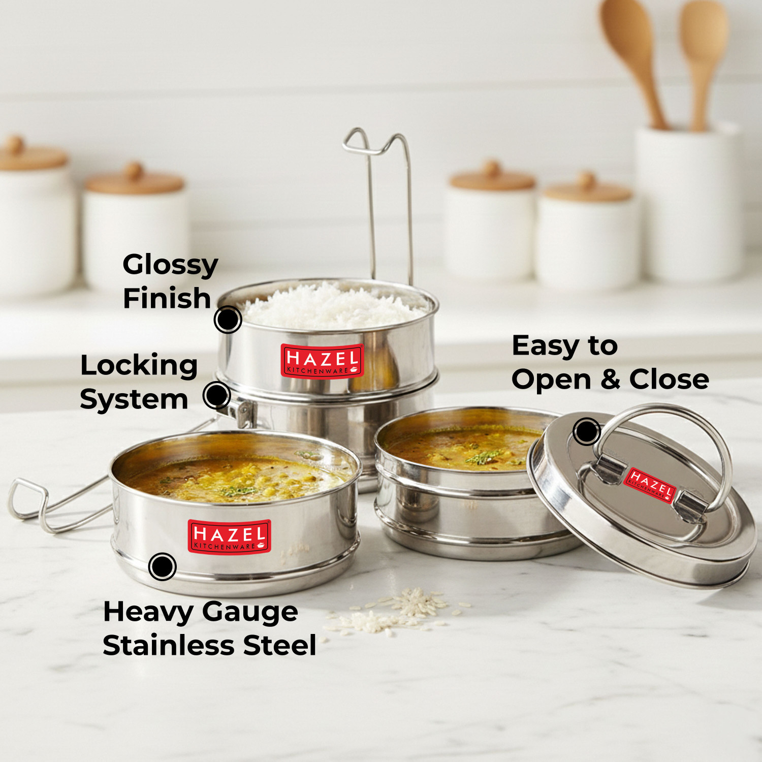Image of HAZEL Traditional Design Stainless Steel 4 Containers Stainless Steel Office Lunch Box