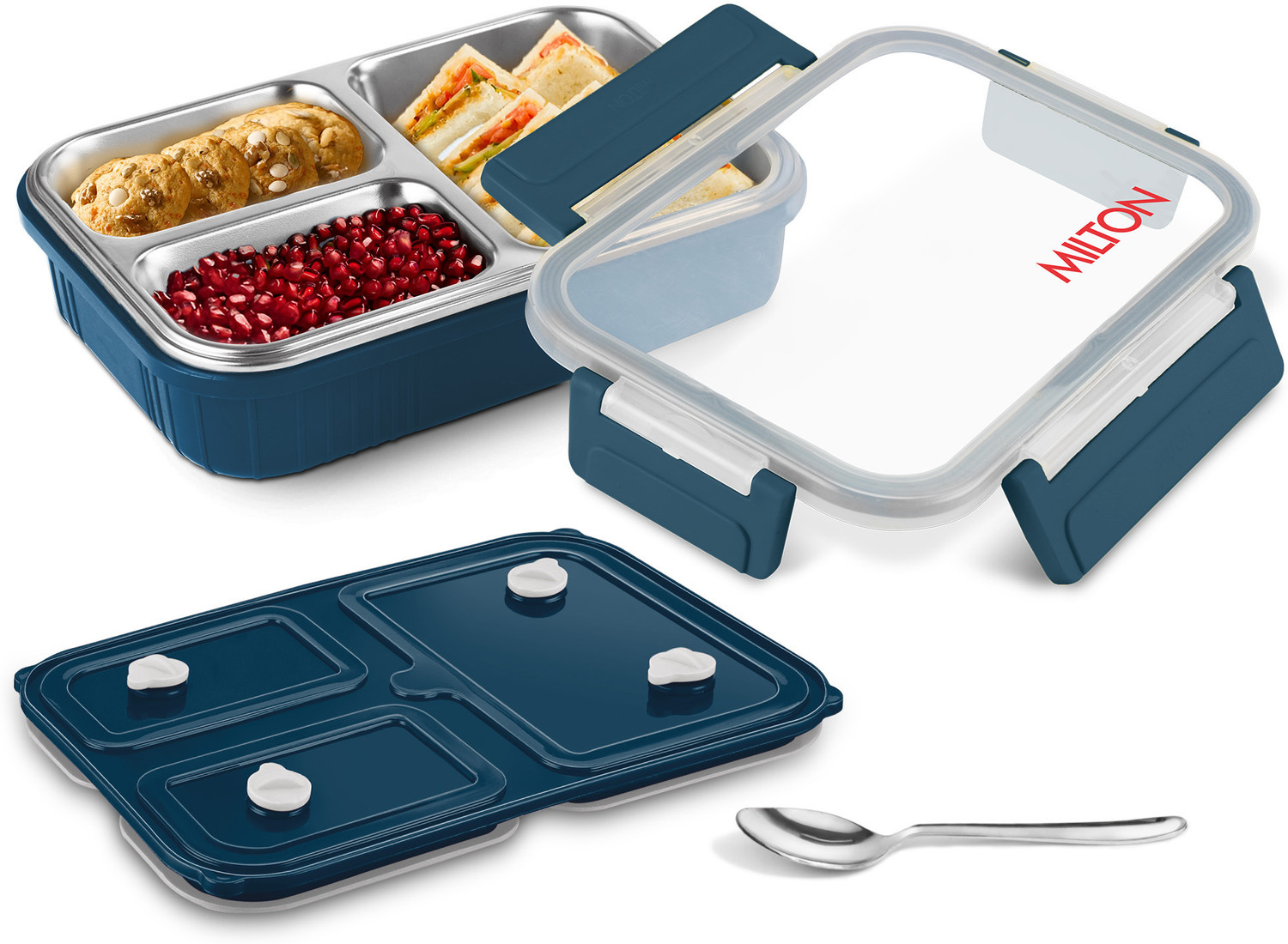 Image of MILTON Meal Safe 3 Inner Stainless Steel Lunch Box, Leak-Proof, 630ml, Navy Blue 3 Containers Plastic School Lunch Box
