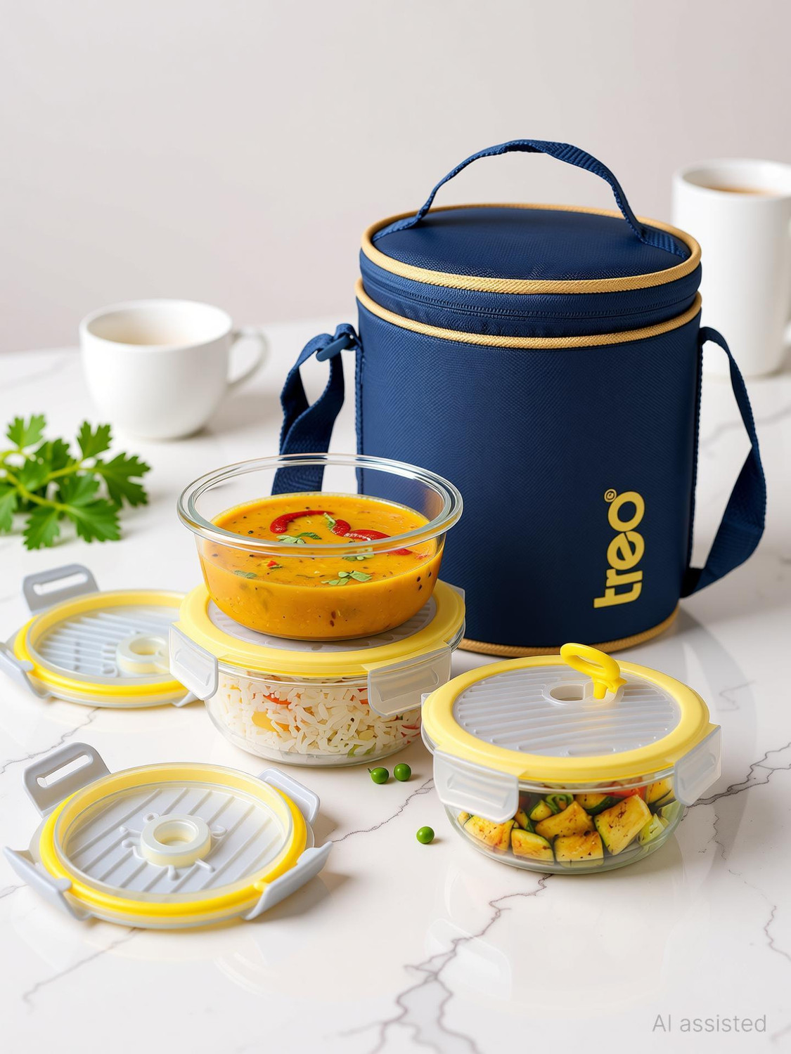 Image of TREO All Fresh Borosilicate Glass Round Tiffin set of 3, 400 ml each with Jacket Blue 3 Containers Glass Office Lunch Box