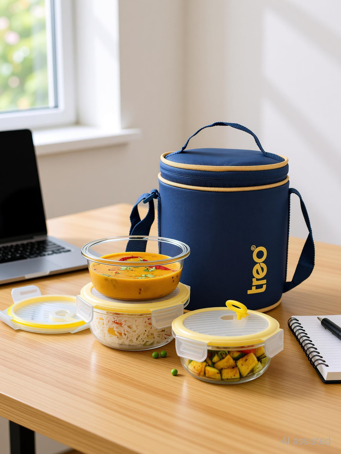 Image of TREO All Fresh Borosilicate Glass Round Tiffin set of 3, 400 ml each with Jacket Blue 3 Containers Glass Office Lunch Box
