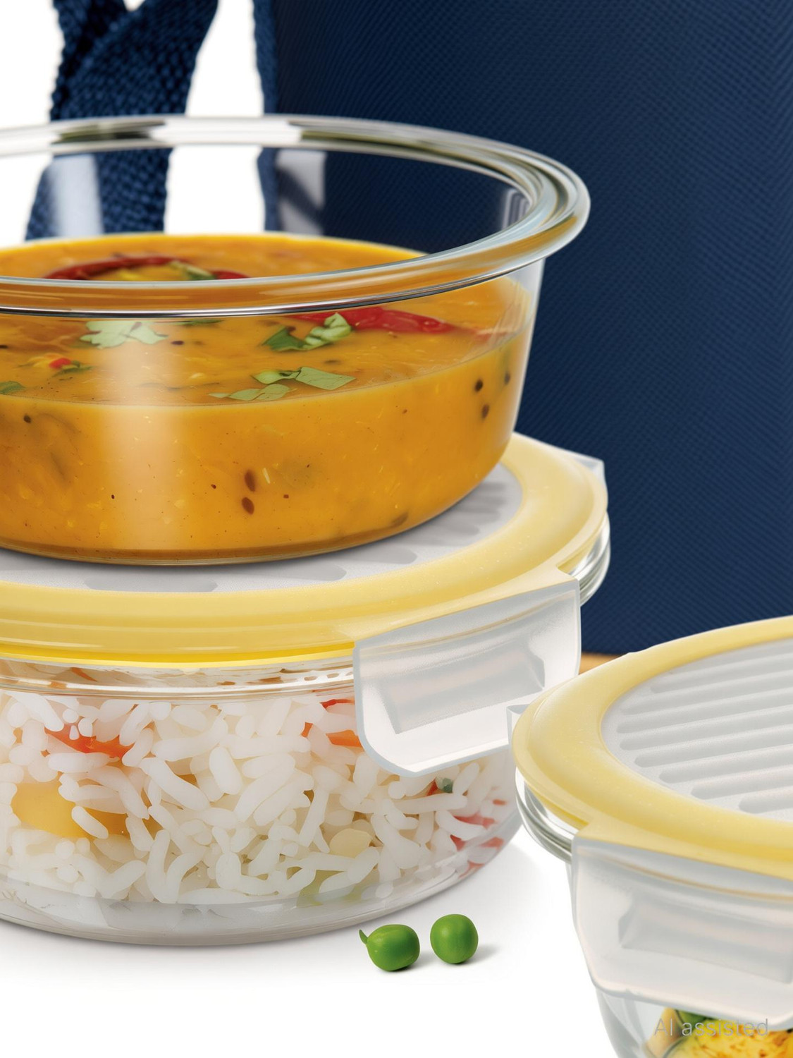 Image of TREO All Fresh Borosilicate Glass Round Tiffin set of 3, 400 ml each with Jacket Blue 3 Containers Glass Office Lunch Box