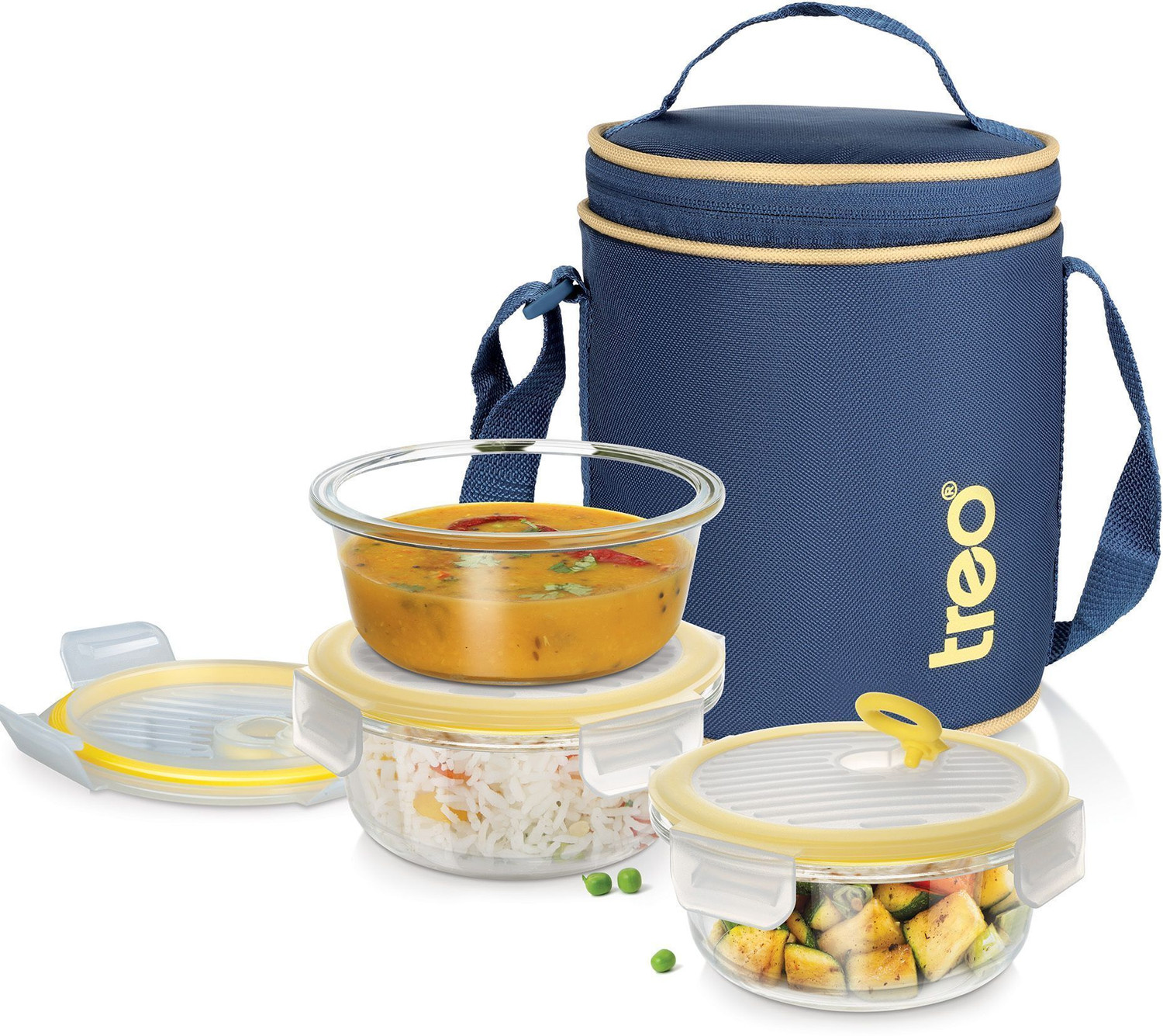 Image of TREO All Fresh Borosilicate Glass Round Tiffin set of 3, 400 ml each with Jacket Blue 3 Containers Glass Office Lunch Box