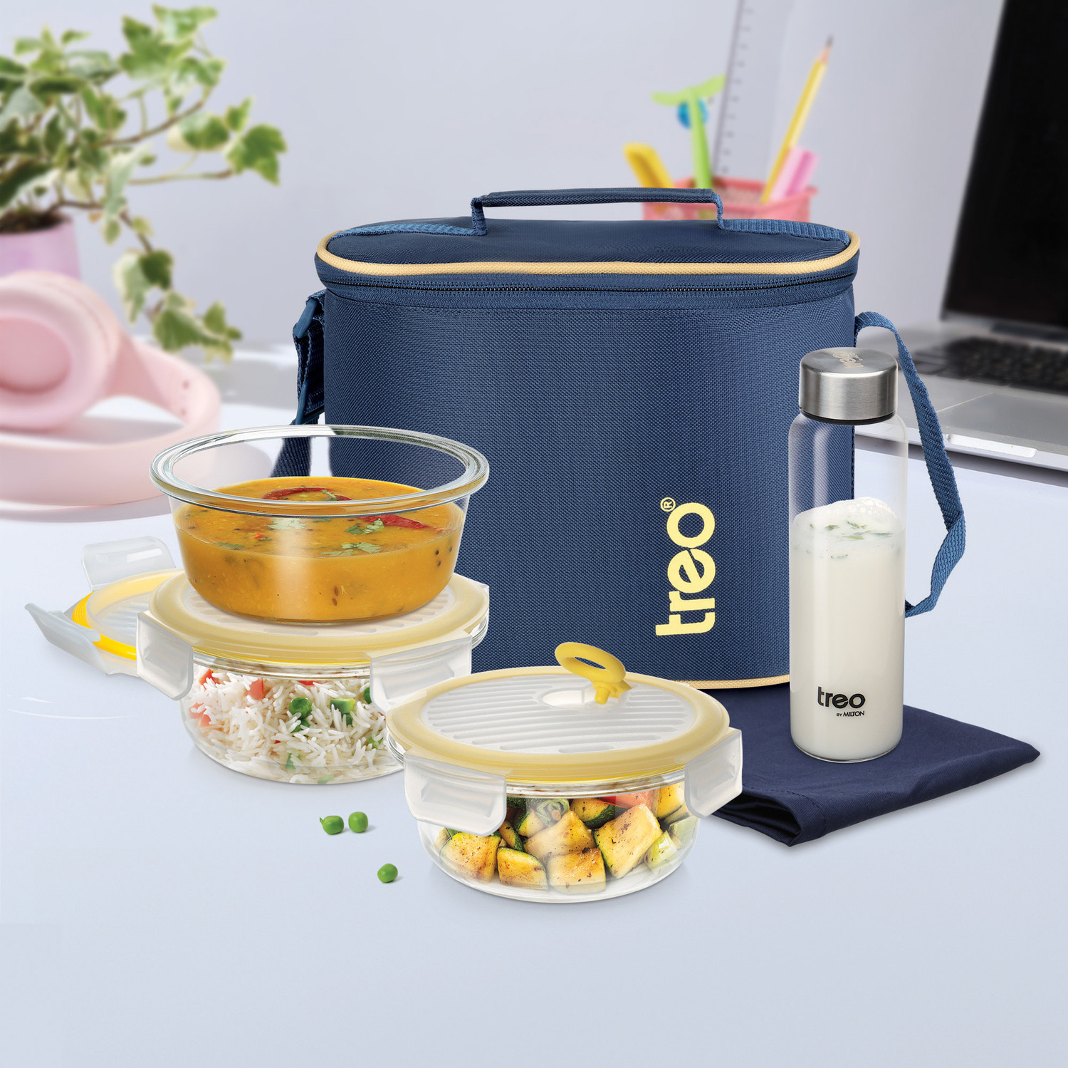 Image of TREO All Fresh Borosilicate Glass Round Tiffin Set of 5, Carry Jacket & Glass Bottle 5 Containers Glass Office Lunch Box