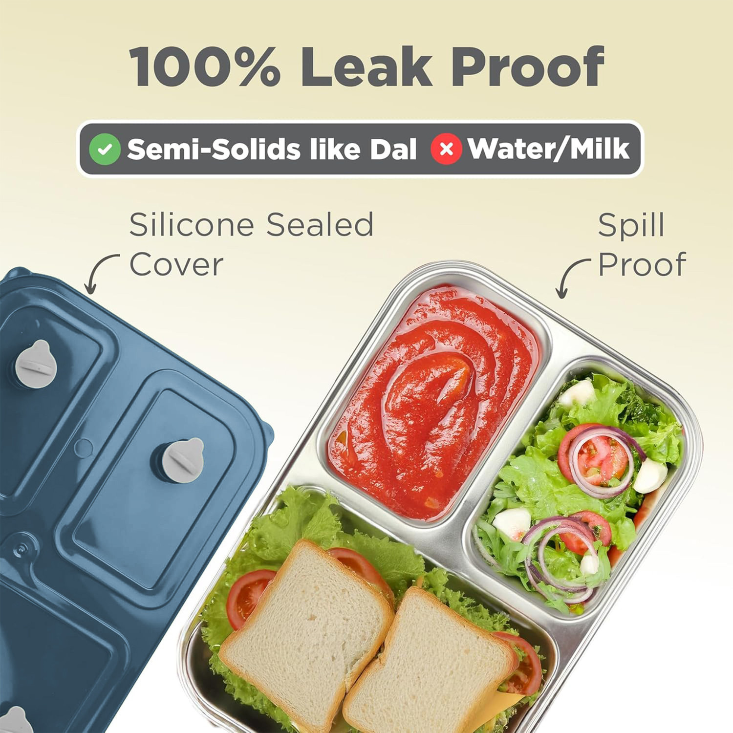 Image of MILTON Meal Safe 3 Inner Stainless Steel Lunch Box, Leak-Proof, 630ml, Navy Blue 3 Containers Plastic School Lunch Box