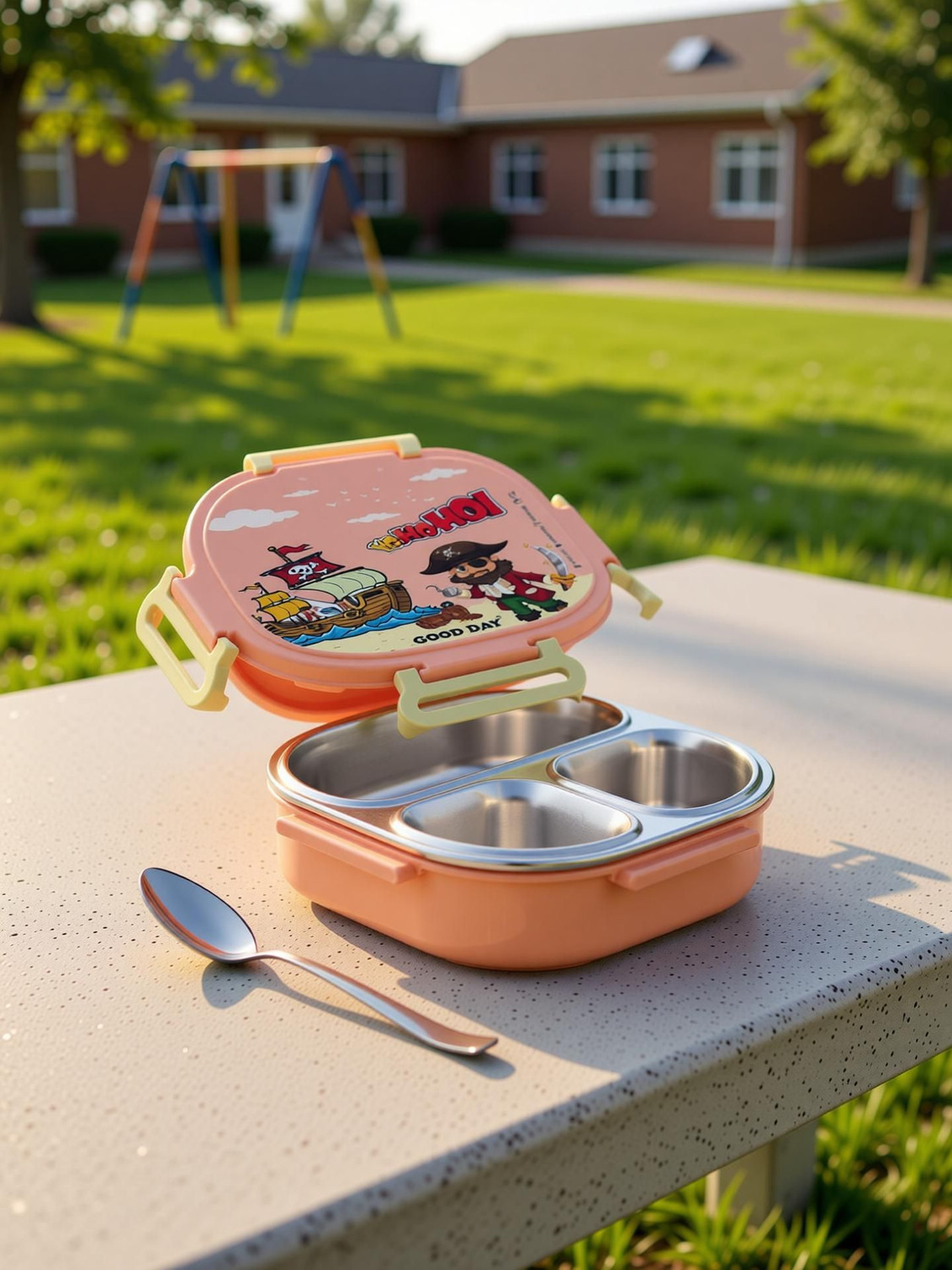 Image of Good Day Donut 3 Insulated Steel Tiffin With Spoon For Kids, School 3 Containers Stainless Steel School Lunch Box