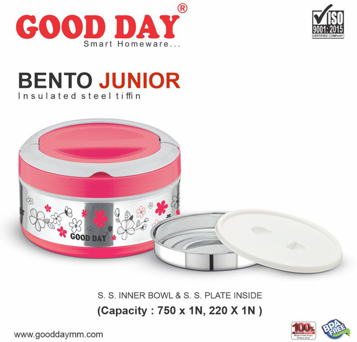 Image of Good Day Bento Jr Insulated Inner Stainless Steel Tiffin Box For Kids 2 Containers Plastic School Lunch Box