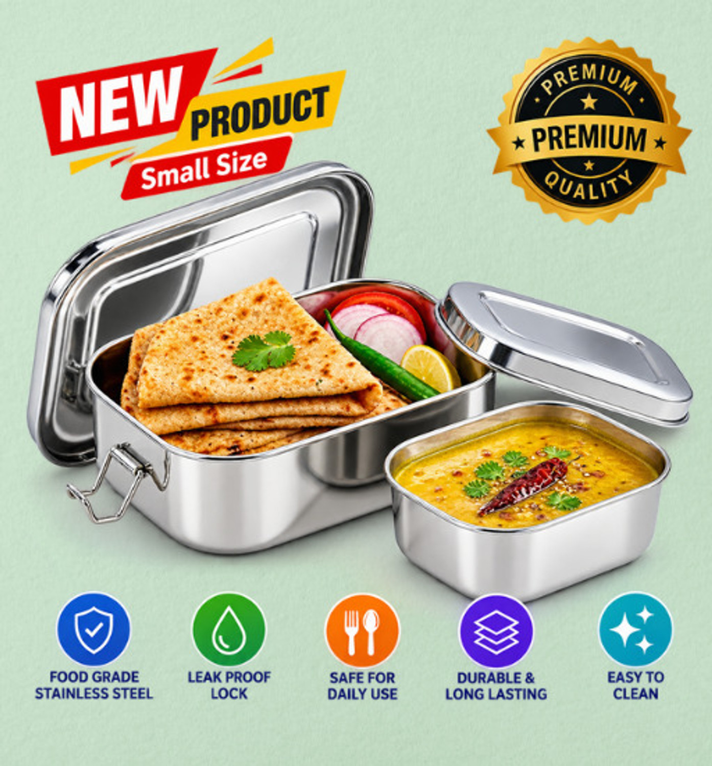 Image of TECHSCOPE Premium Steel Tiffin Box with Inner Containers and Secure Lid 1 Containers Stainless Steel School Lunch Box (750 ml)