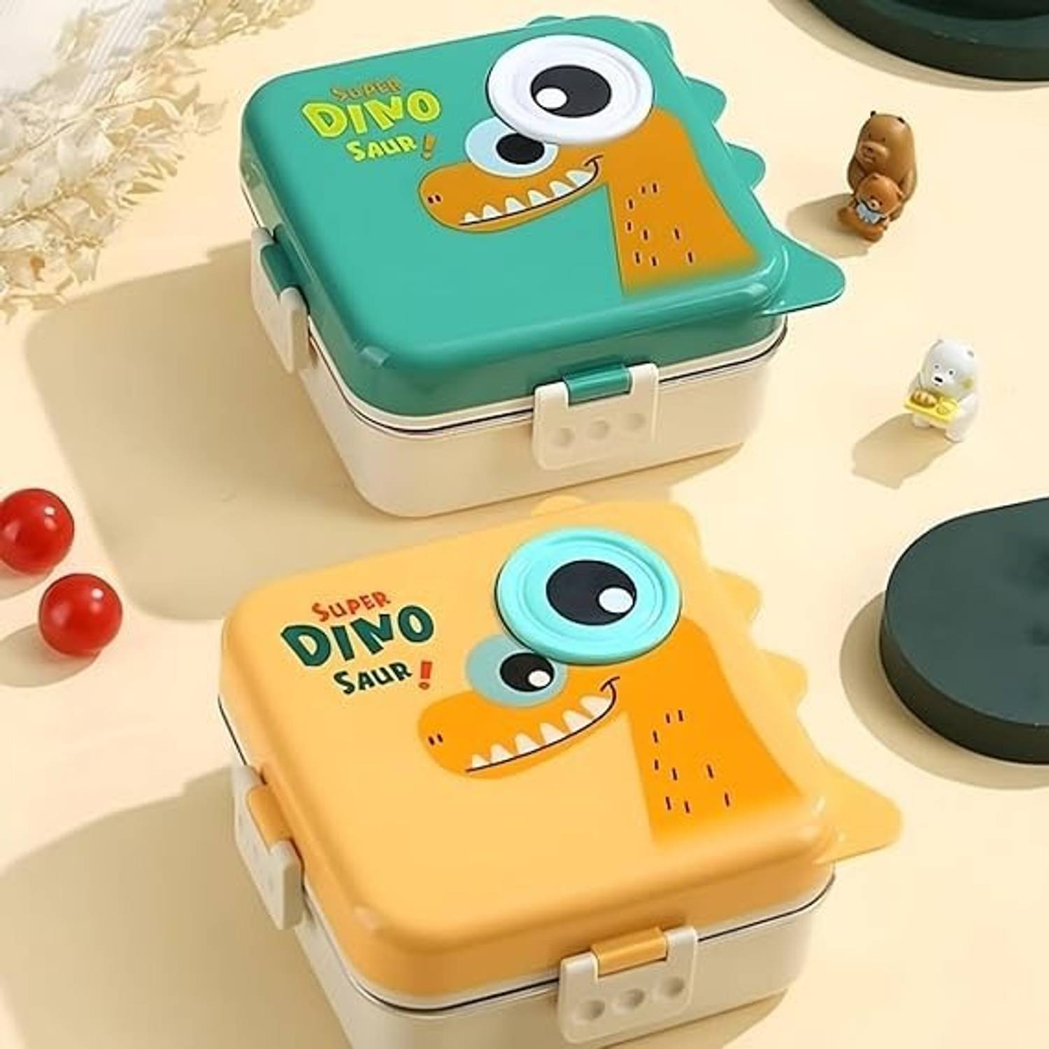 Better Buy Super Dino Plastic Box for Kids, Insulated Lunch Box with Spoon 2 Containers Stainless Steel School Lunch Box