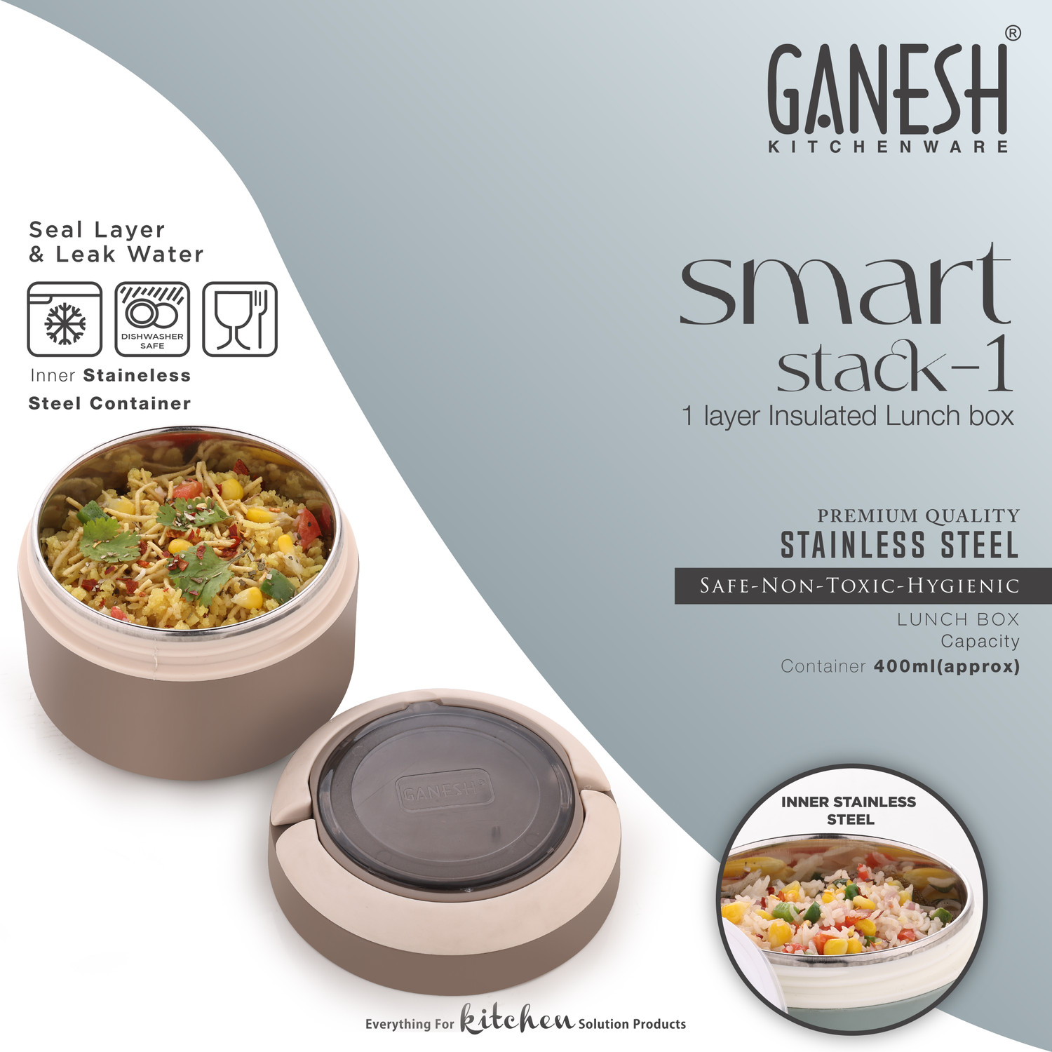 Image of Ganesh Cresta Food Insulated Airtight Leak-Proof Lunch Box for Office, School 1 Containers Stainless Steel, Plastic Office Lunch Box