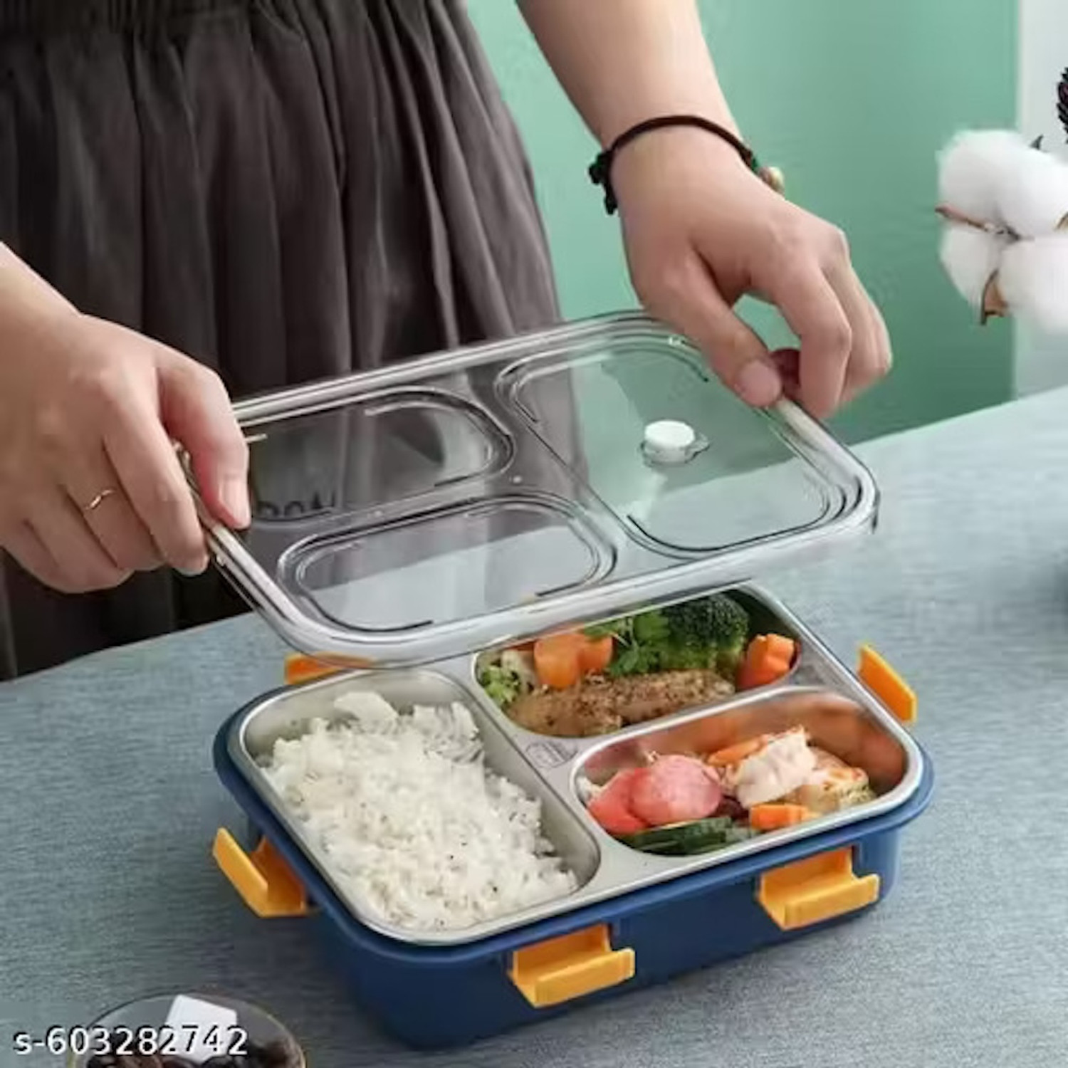 Image of Divea Premium 3 Compartment Stainless Steel Lunch Box with Spoon & Fork | Leak-Proof 3 Containers Stainless Steel School Lunch Box
