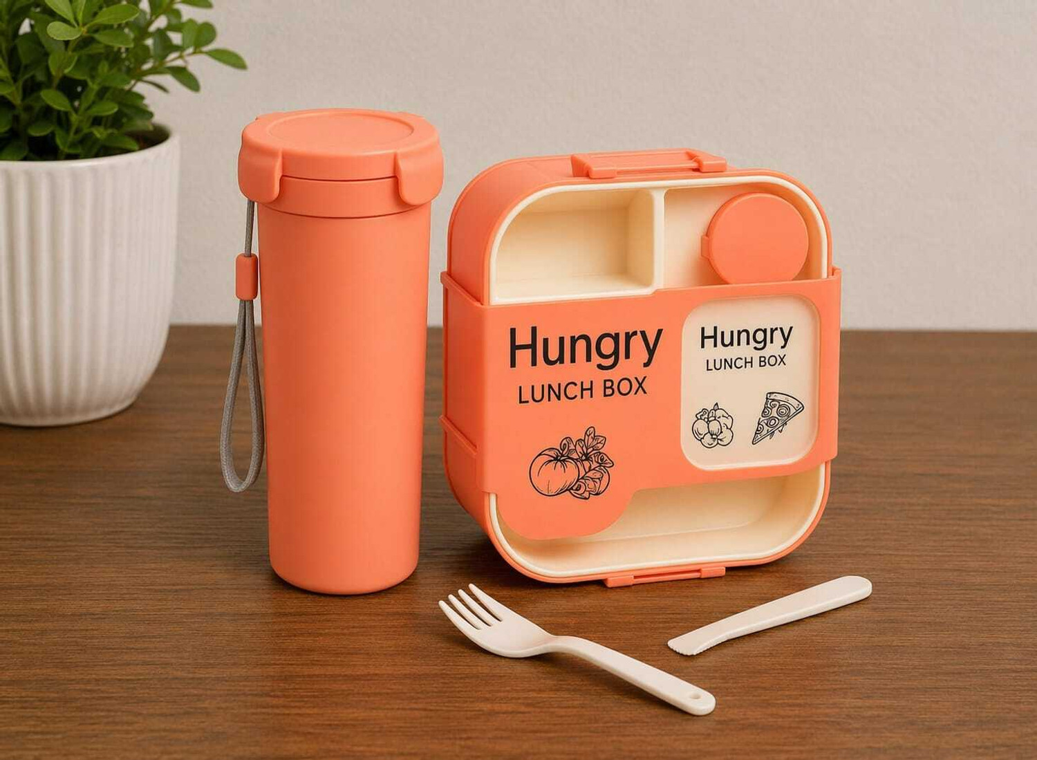 Image of Shop Versa Hungry Lunch Box Combo with Water Bottle | 3 Compartment Leakproof 4 Containers Plastic, Silicone School Lunch Box