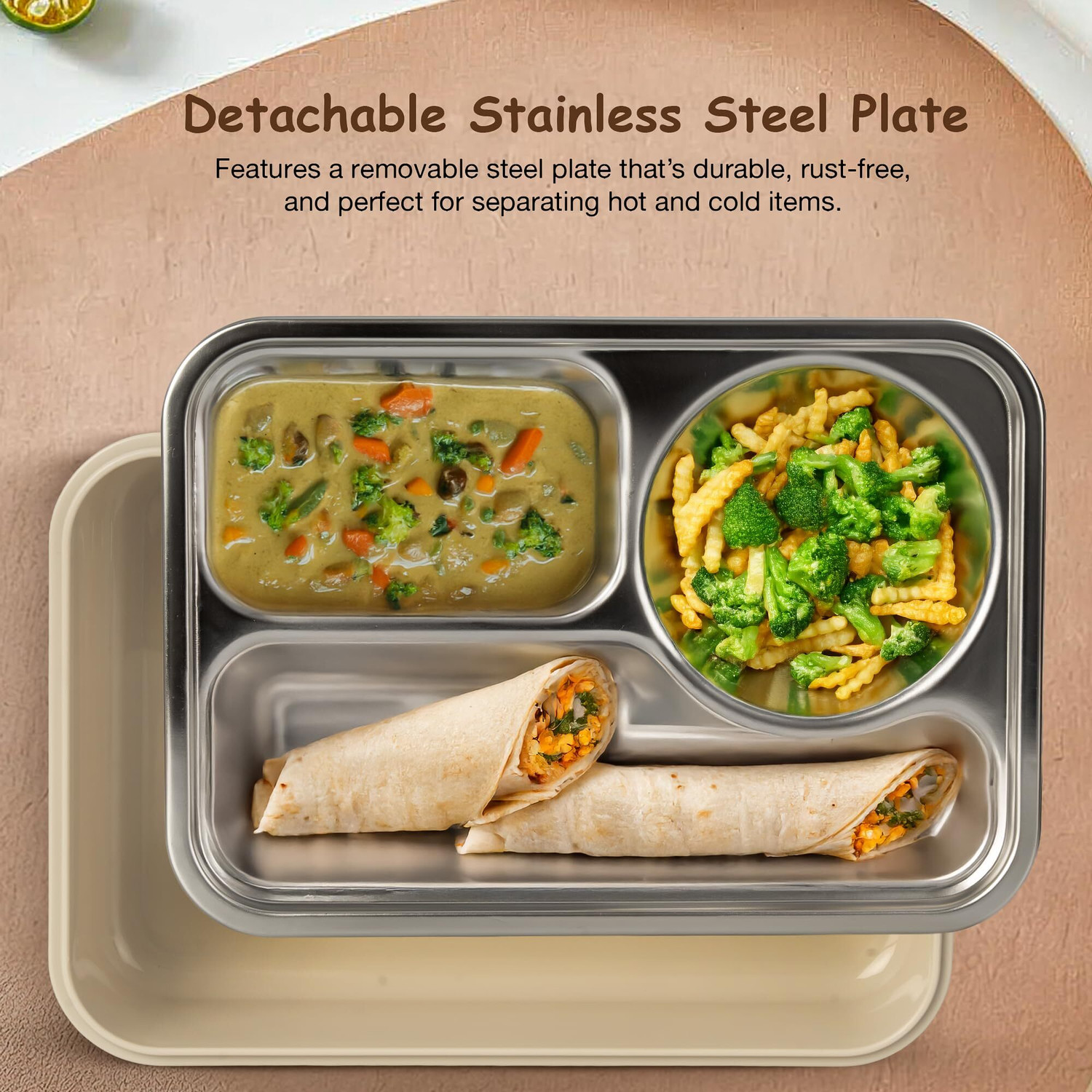 Image of Funbee Nibblish 4-Compartment Stainless Steel Lunch Box with Sauce Container 1 Containers Polypropylene School Lunch Box (1050 ml)