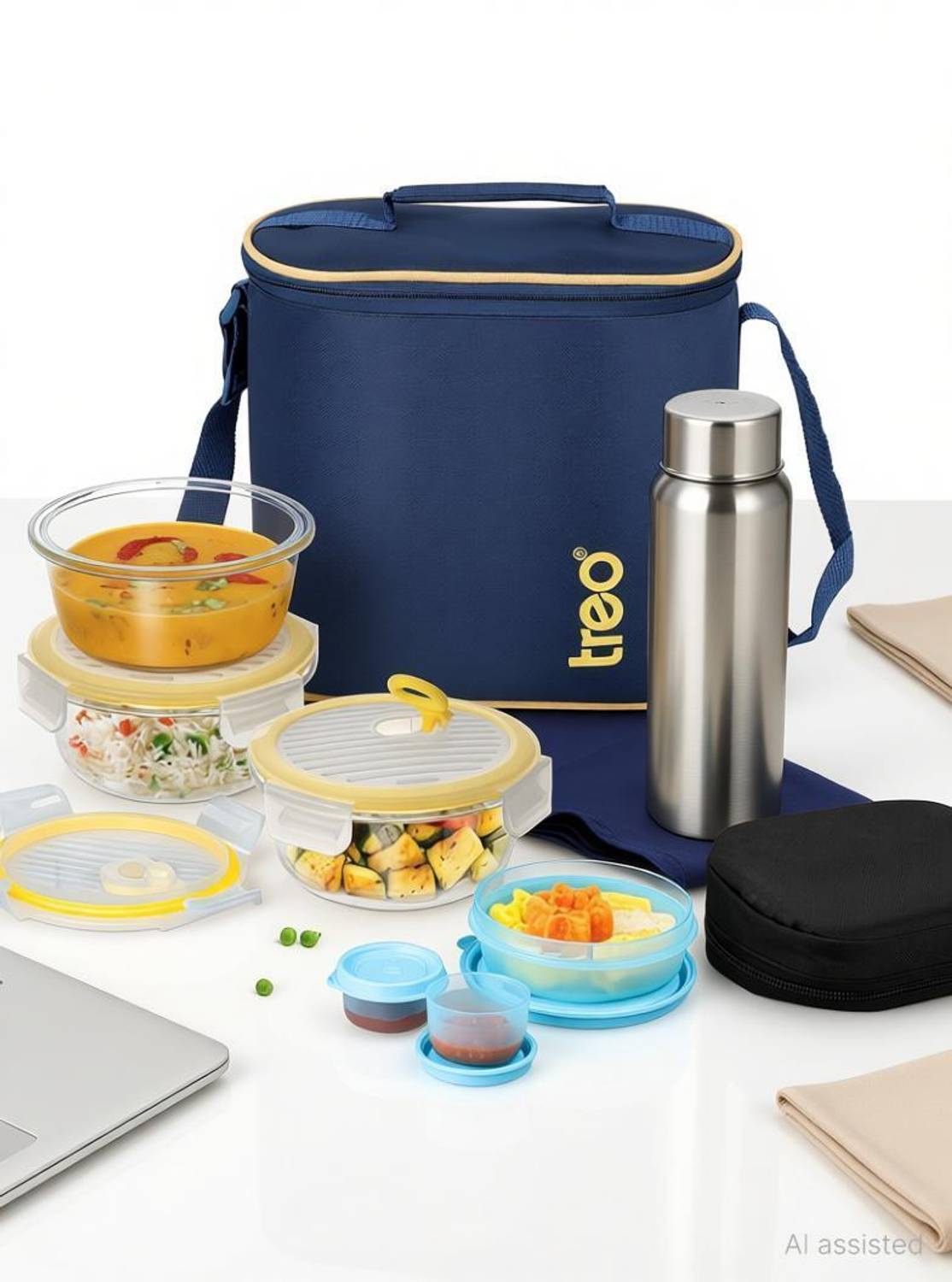 TREO All Fresh Borosilicate Glass Round Tiffin with Jacket, Steel Bottle, Set of 8, 6 Containers Glass Office Lunch Box