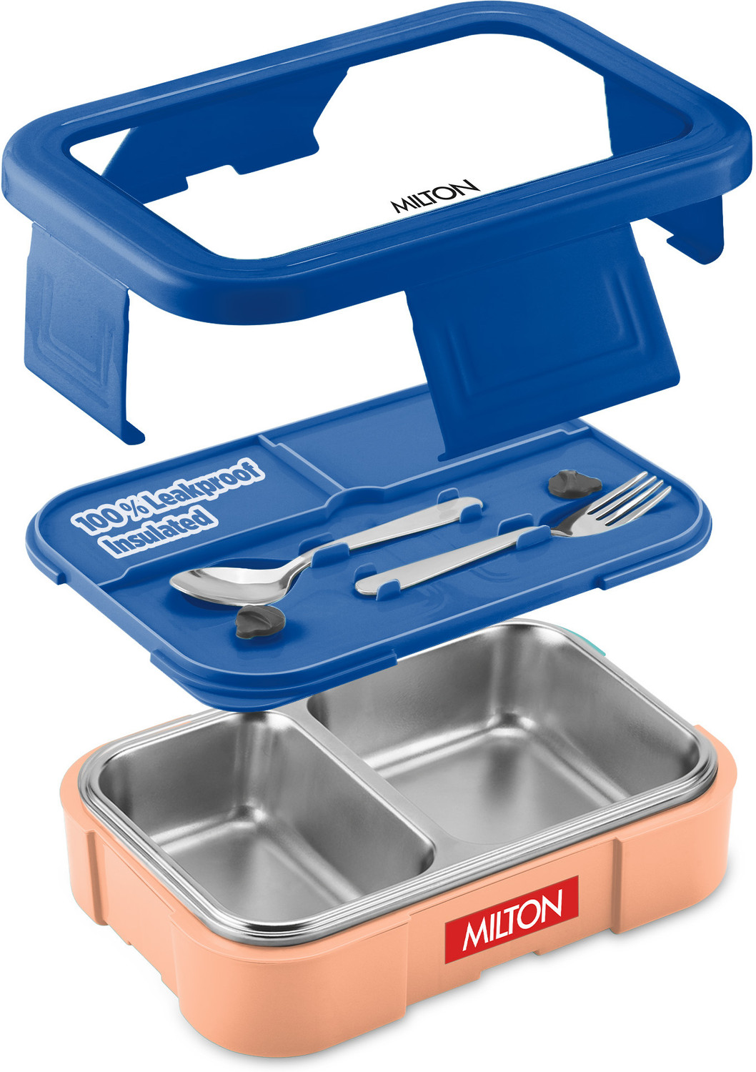 Image of MILTON Ethan 2 Inner Stainless Steel Tiffin Box, 2 Partition, Leak-Proof, 650 ml, Blue 2 Containers Stainless Steel School Lunch Box
