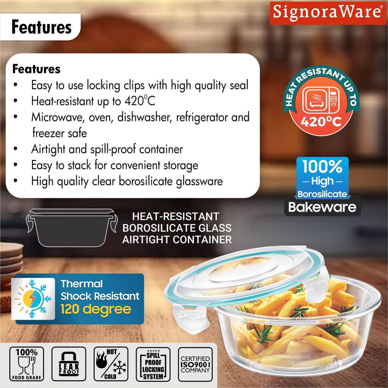 Image of Signoraware Airtight Glass Lunch Box Home Office Fridge Food Container Indoor Outdoor Use 1 Containers Glass Office Lunch Box (400 ml)