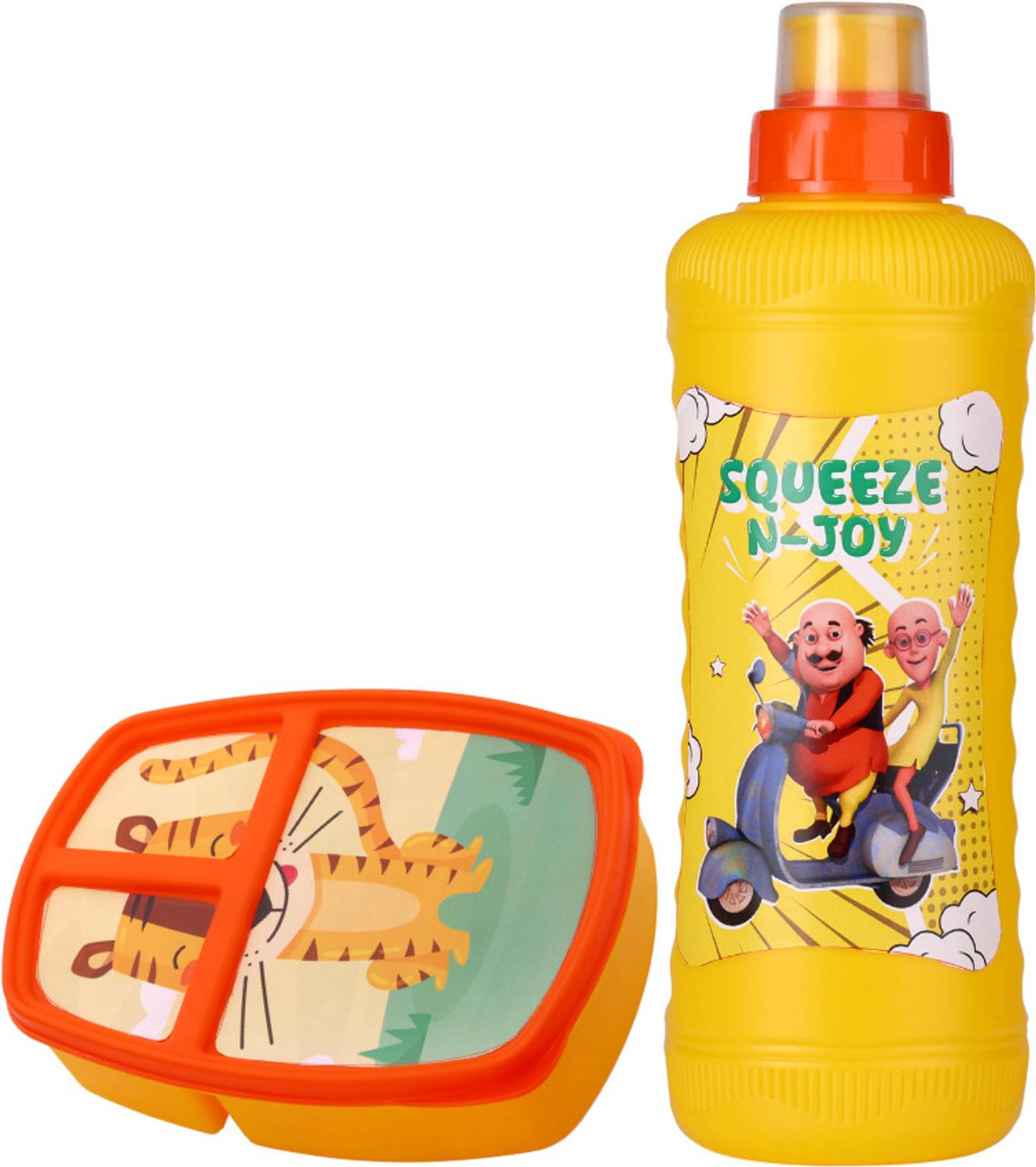 Black Moon Yellow Tiger Cartoon Classic Lunch Box with with Bottle Combo 2 Containers Plastic School Lunch Box