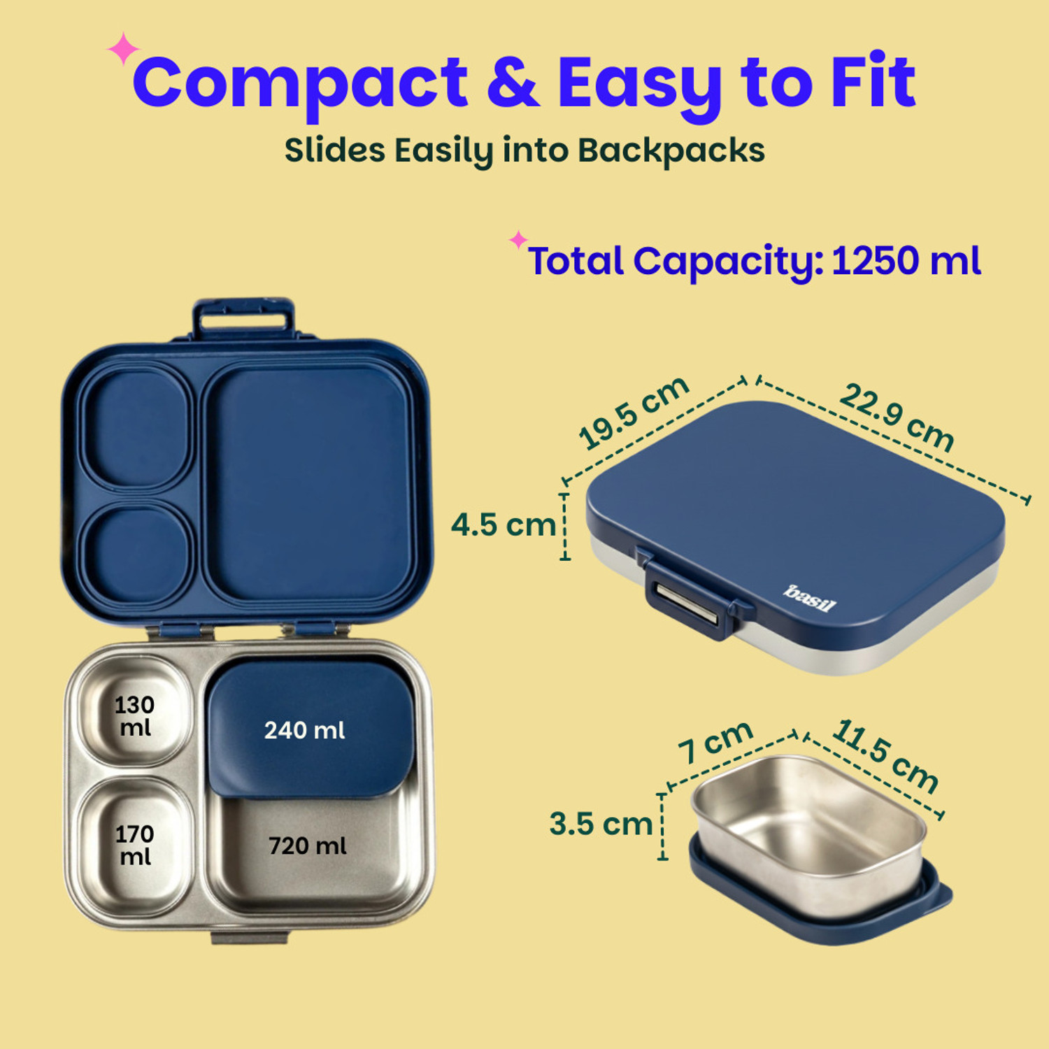 Image of BASIL Quad plus 4-Compartment Stainless Steel Bento Box (1020ml) - Indigo Zen 4 Containers Stainless Steel Office Lunch Box