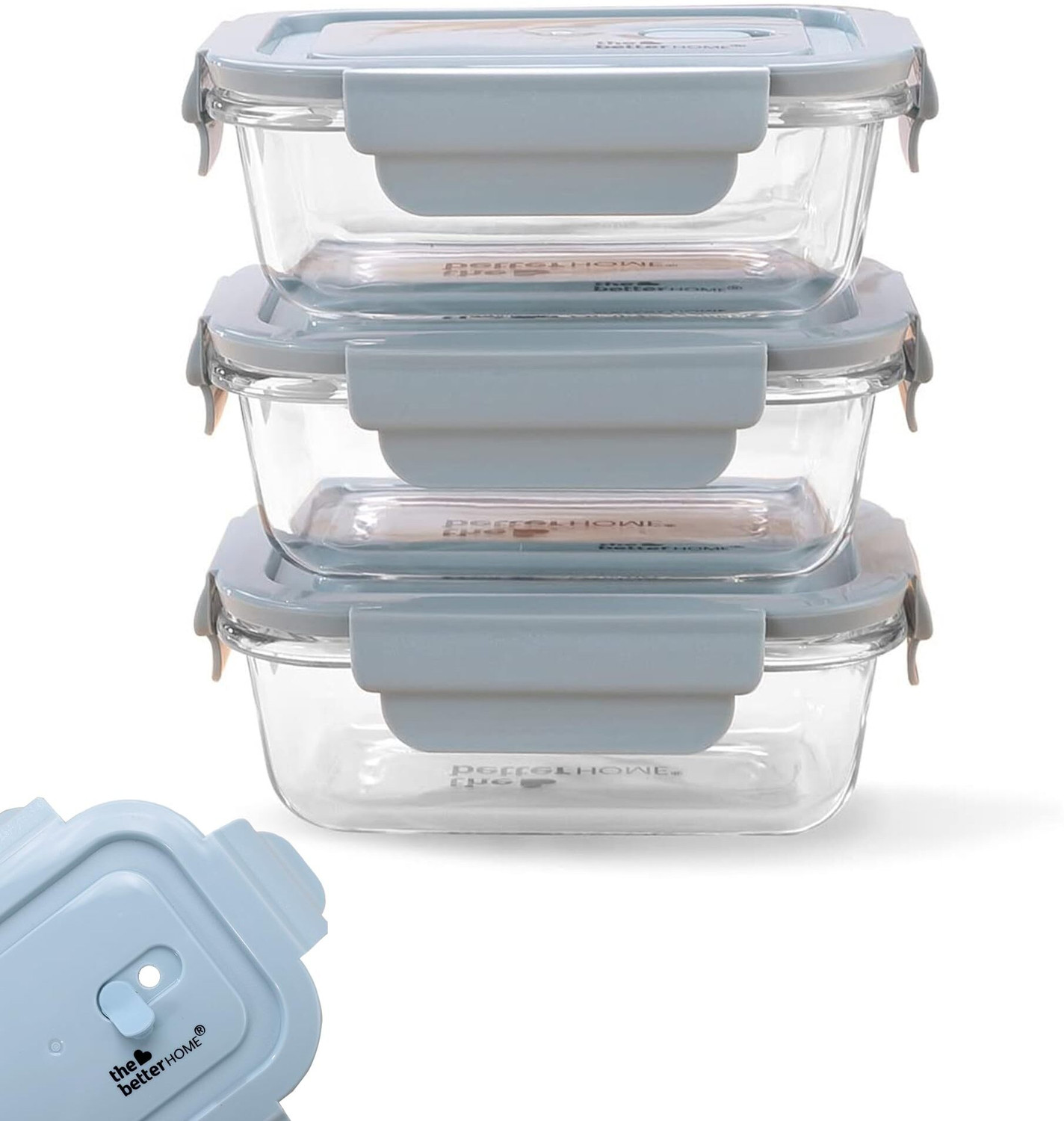 Image of The Better Home Borosilicate Tiffin Boxes Pack of 3-Blue|Airtight Microwave Safe Tiffin Box 3 Containers Glass Office Lunch Box