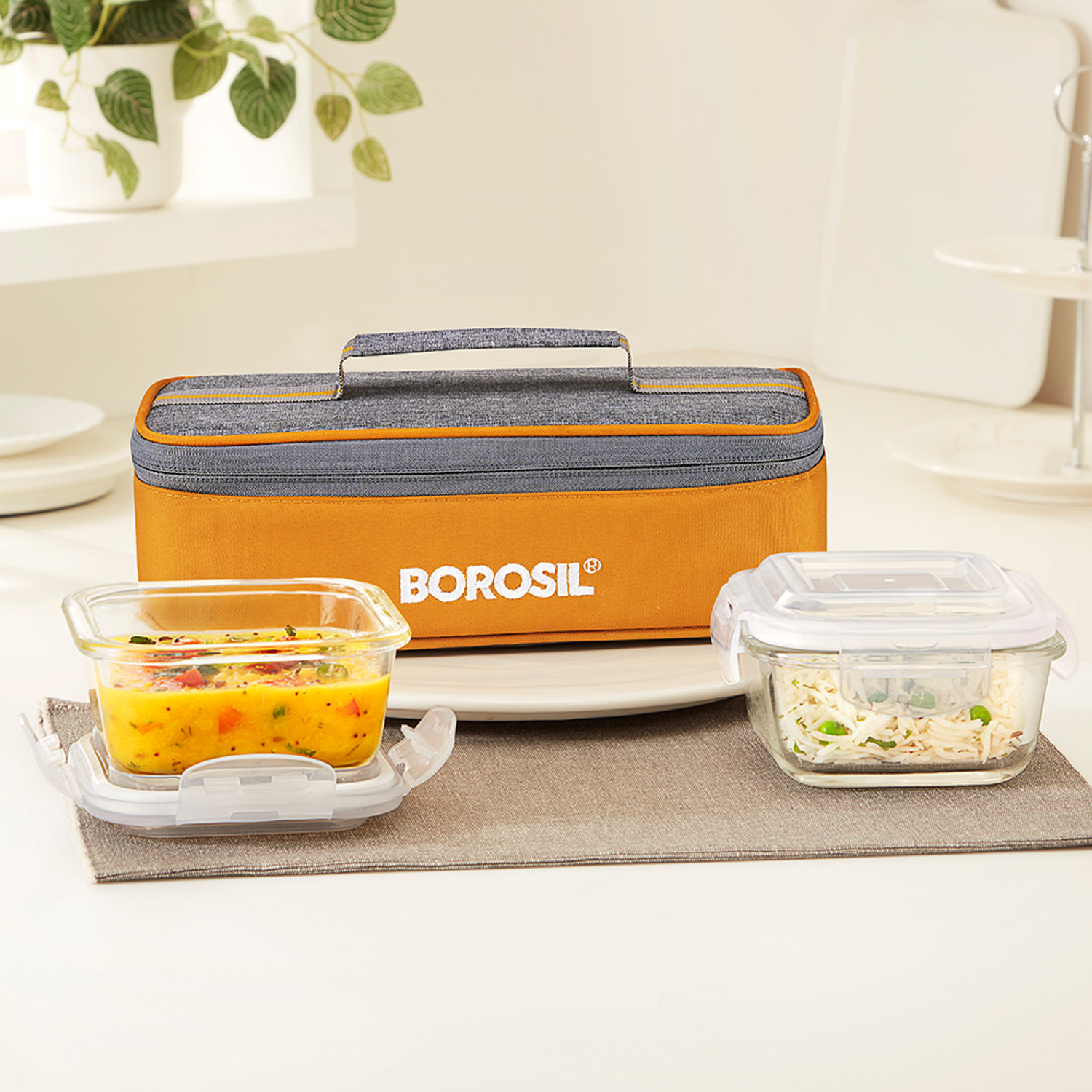 Image of BOROSIL Zest Glass Lunchbox, 2pc Square Set (320ml Each), Horizontal Tiffin 2 Containers Glass Office Lunch Box