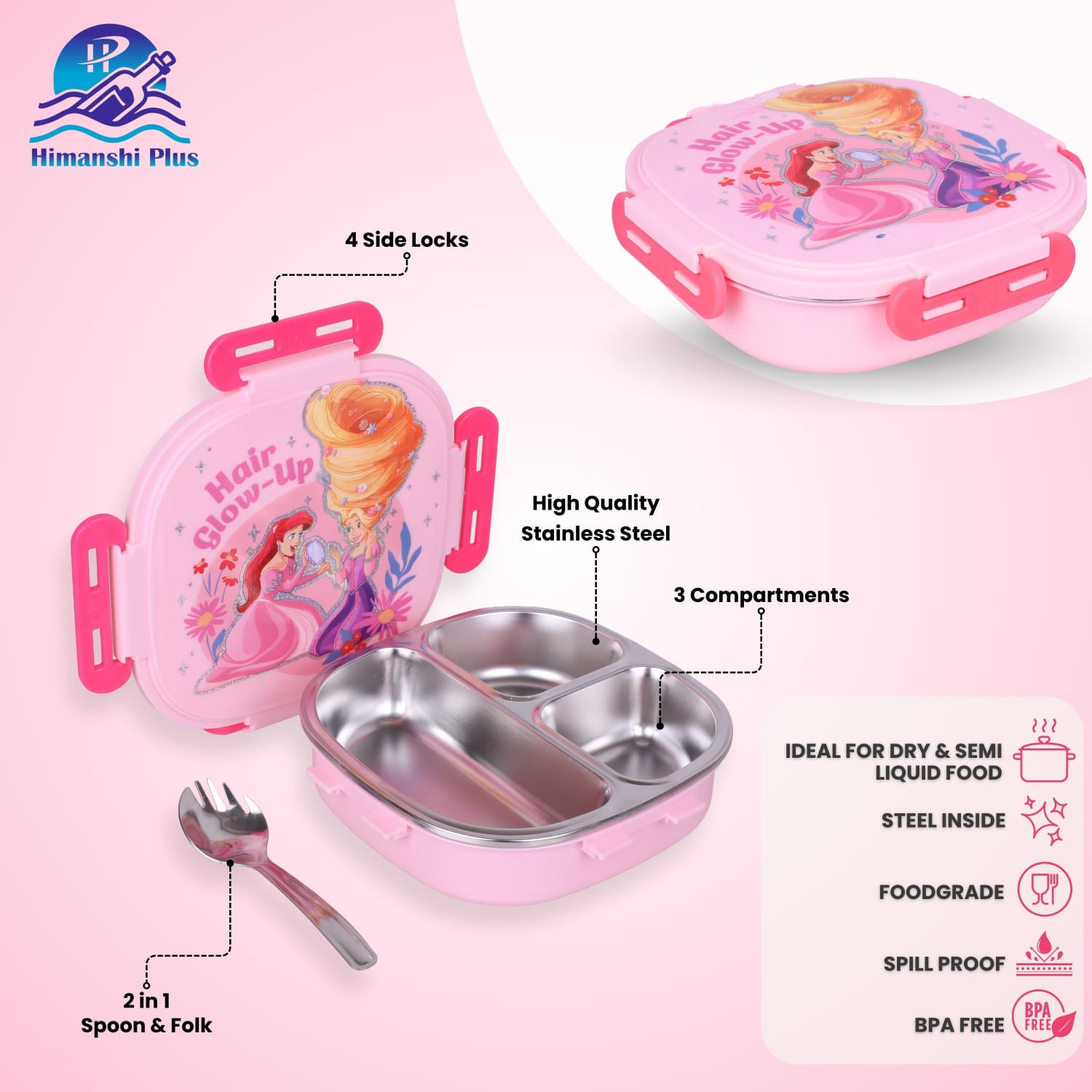 Image of Himanshi Plus Kids Princess Stainless Steel Lunch Box with Spoon | 3 Compartment Tiffin 3 Containers Stainless Steel School Lunch Box