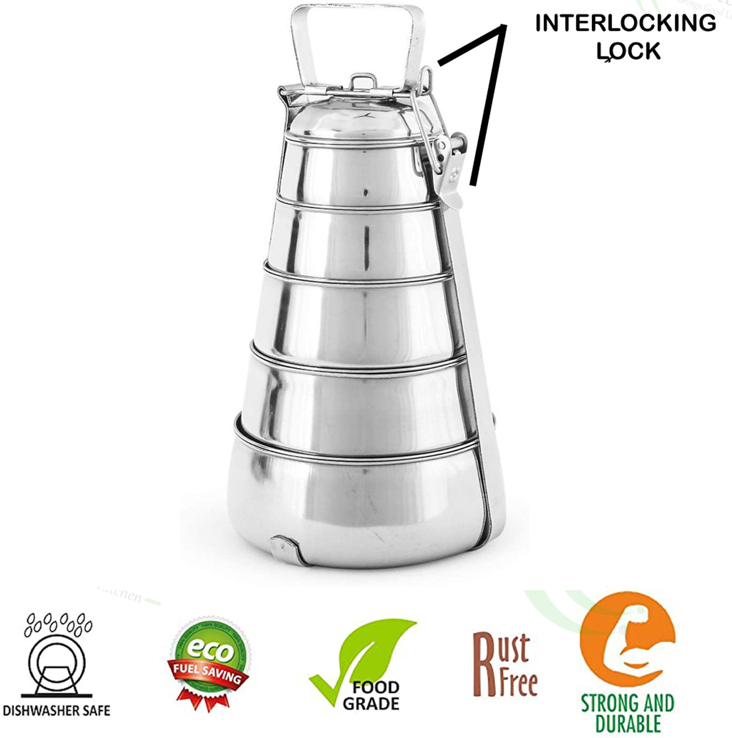 Image of CHEF TURTLES Stainless Steel Pyramid Shape Lunch Box 5 container Food Pack Clip Tiffin 5 Tier 5 Containers Stainless Steel Office Lunch Box