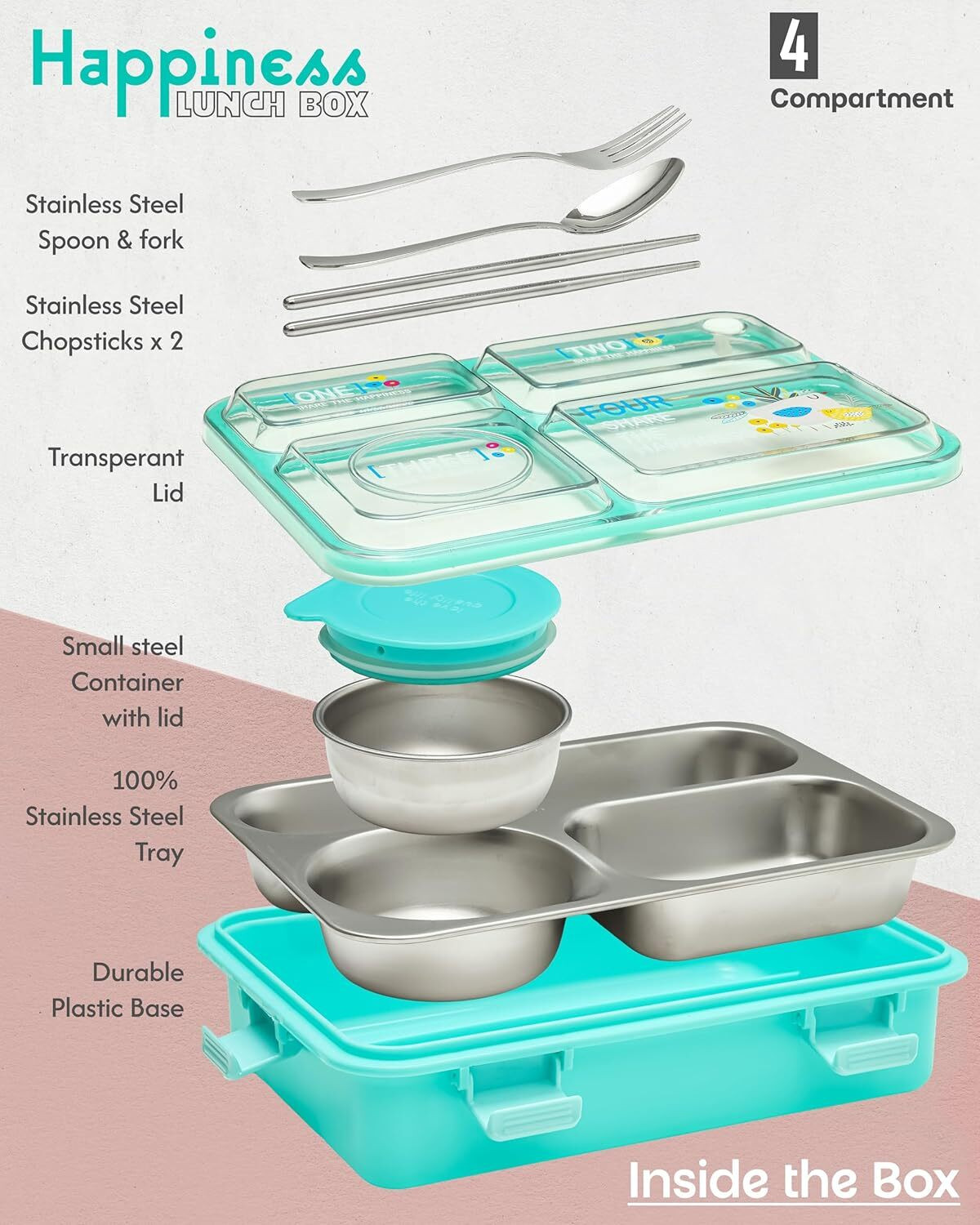 Image of Masox Store Happiness 4 Compartment Tiffin For Kids School Collage 4 Containers Stainless Steel Office Lunch Box