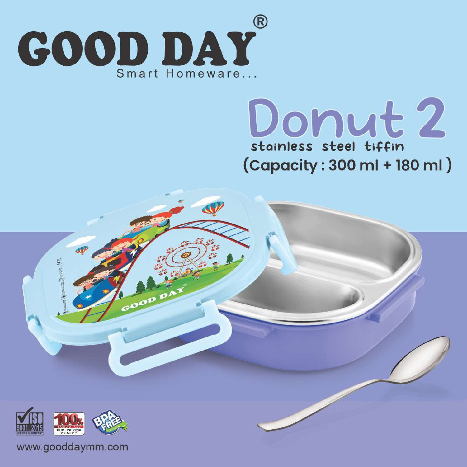 Image of Good Day Donut 2 Insulated Steel Tiffin With Spoon For Kids, School 2 Containers Stainless Steel School Lunch Box