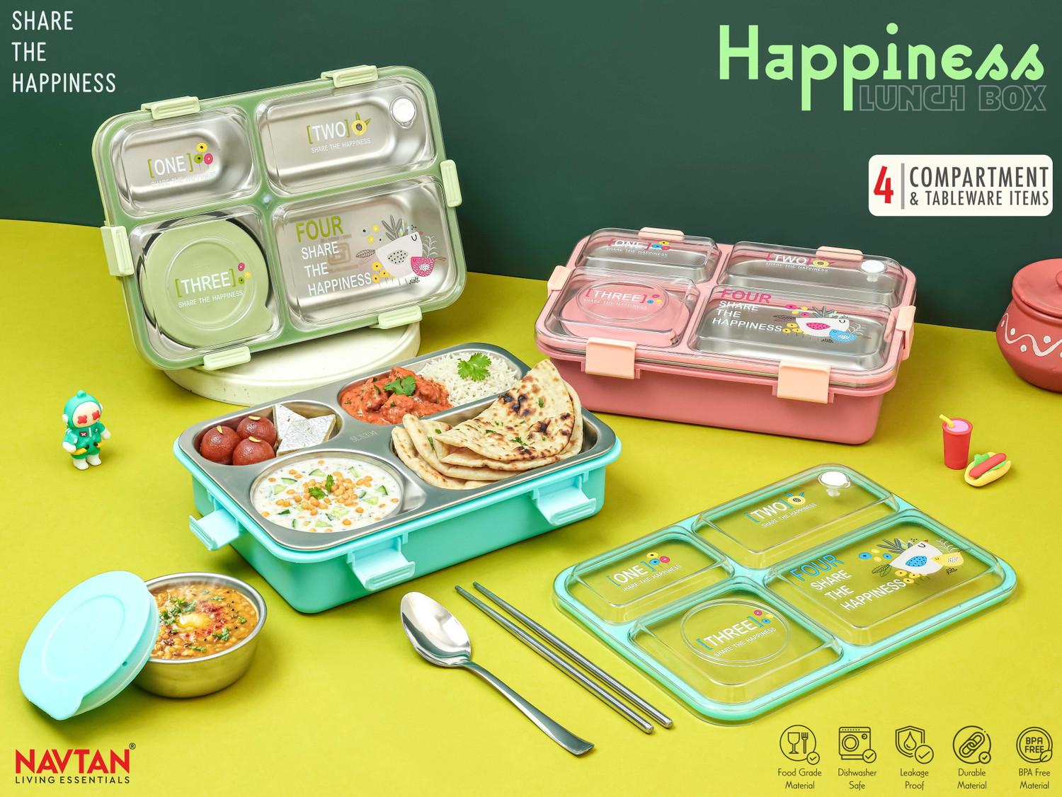 Image of NAVTAN Happiness Bento 4 Section Stainless Steel Lunch Box With Spoon & Chopsticks 4 Containers Stainless Steel Office Lunch Box