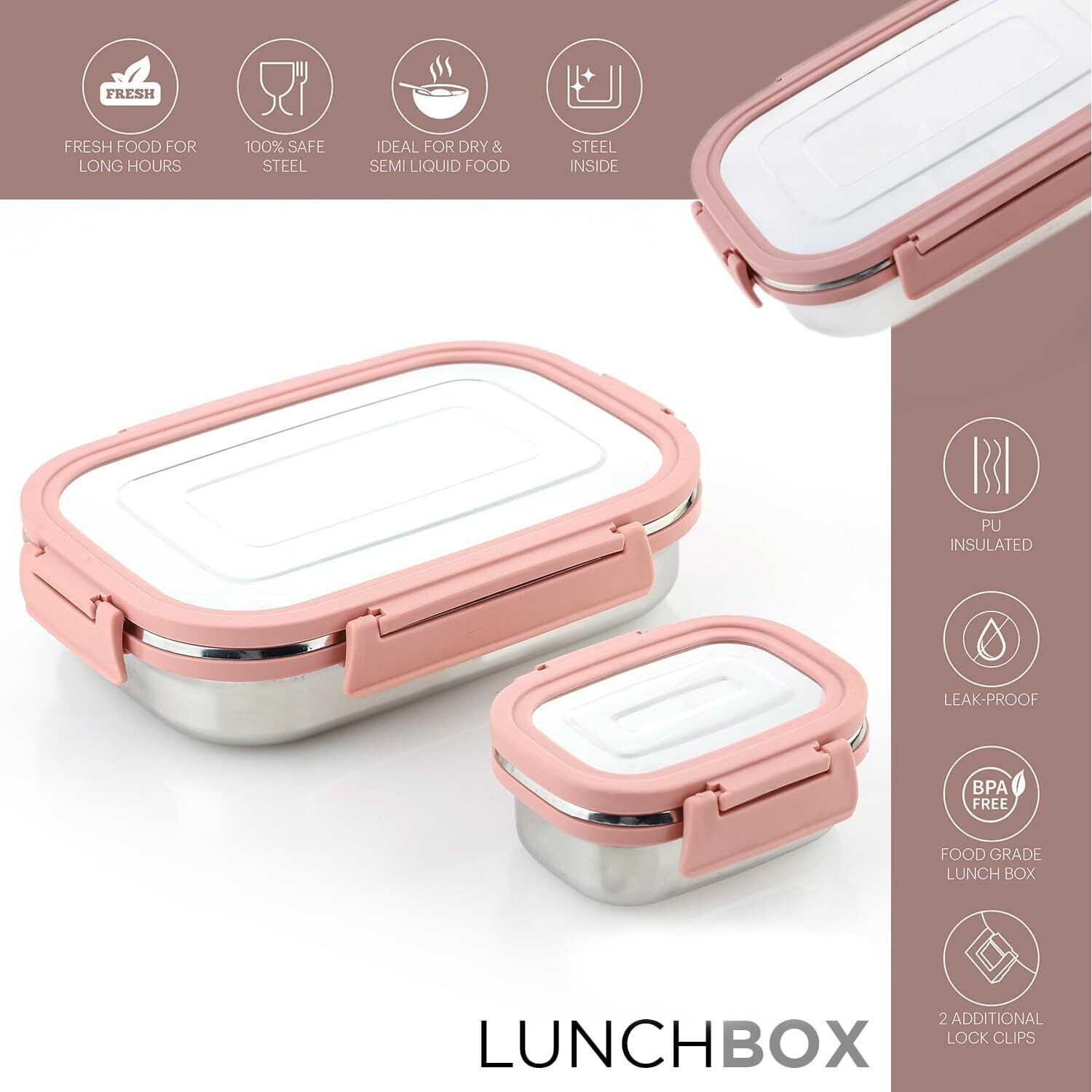 Image of BLLUEX Stainless Steel Leak Proof, Airtight Lunch Box /Tiffin Box for Office, School 2 Containers Stainless Steel, Plastic School Lunch Box
