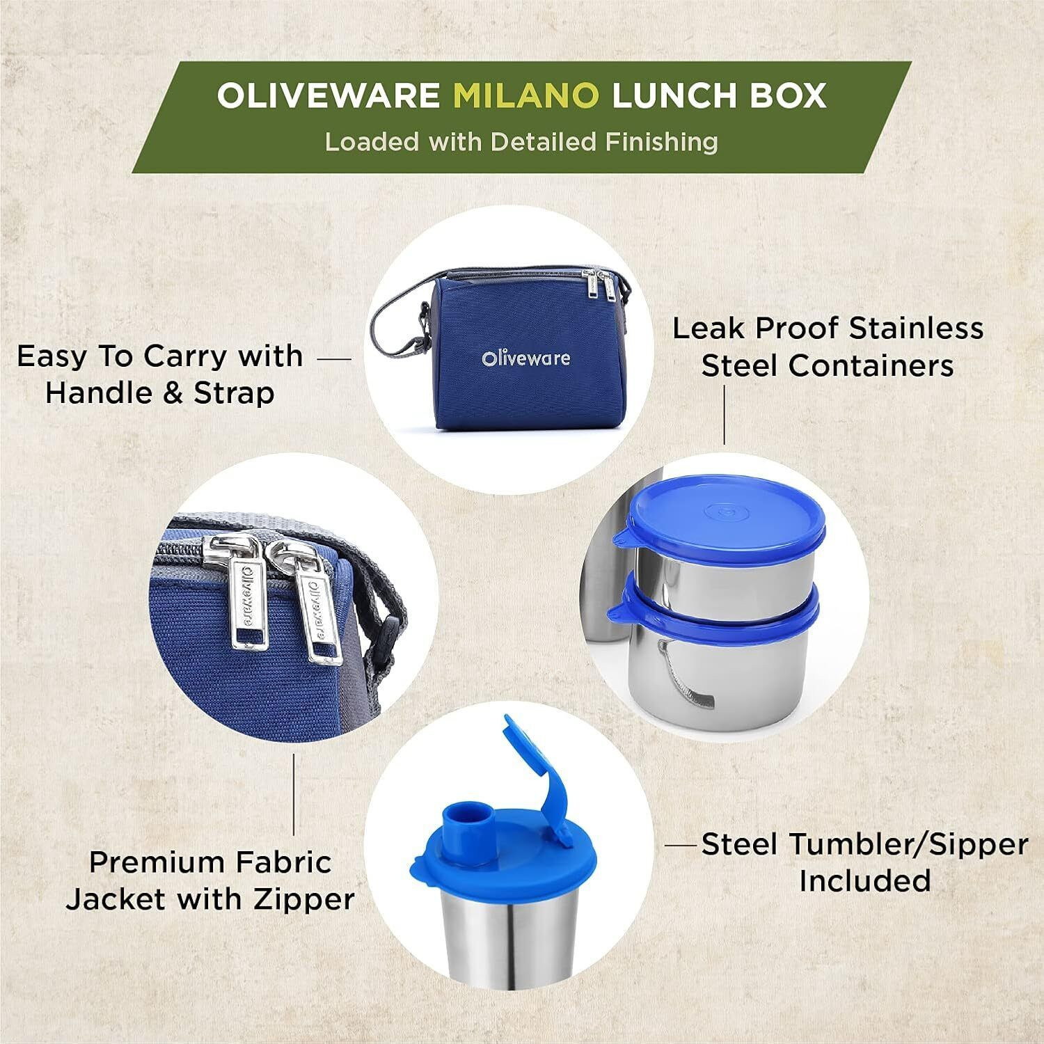 Image of Oliveware Milano 3 Containers Stainless Steel Office Lunch Box