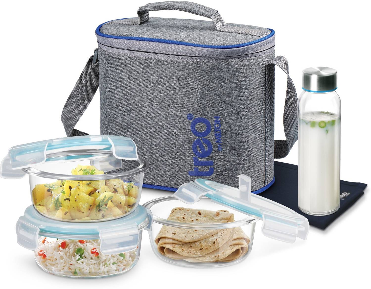 TREO All Fresh Premier Glass Tiffin Set of 5 (3 Containers, 1 Bottle, 1 Dinning Mat) 3 Containers Glass Office Lunch Box