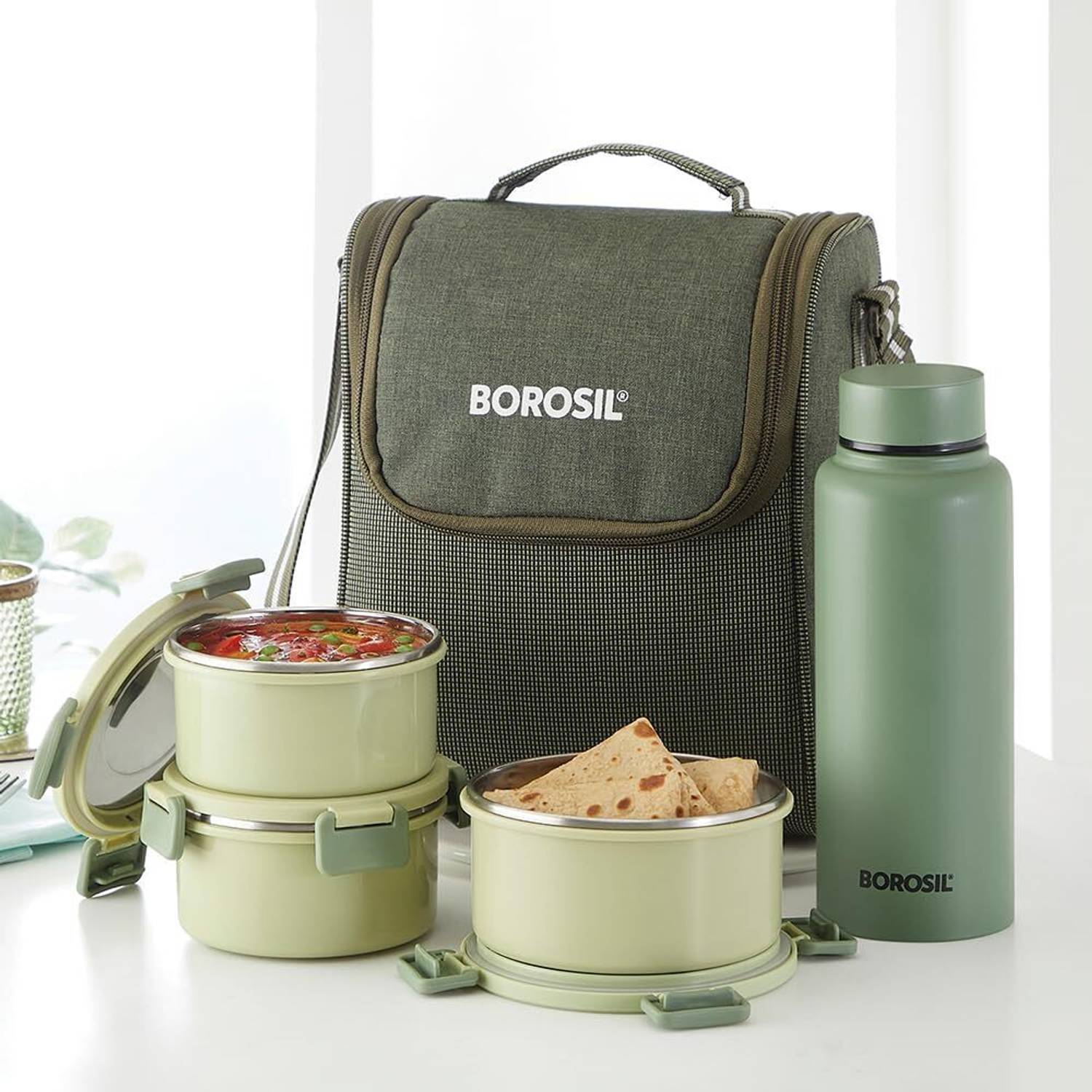 BOROSIL Glory Green Microwavable Lunchbox, 3pc(280ml x 2 + 460ml x 1) + 1 (600ml) Bottle 3 Containers Stainless Steel College Lunch Box