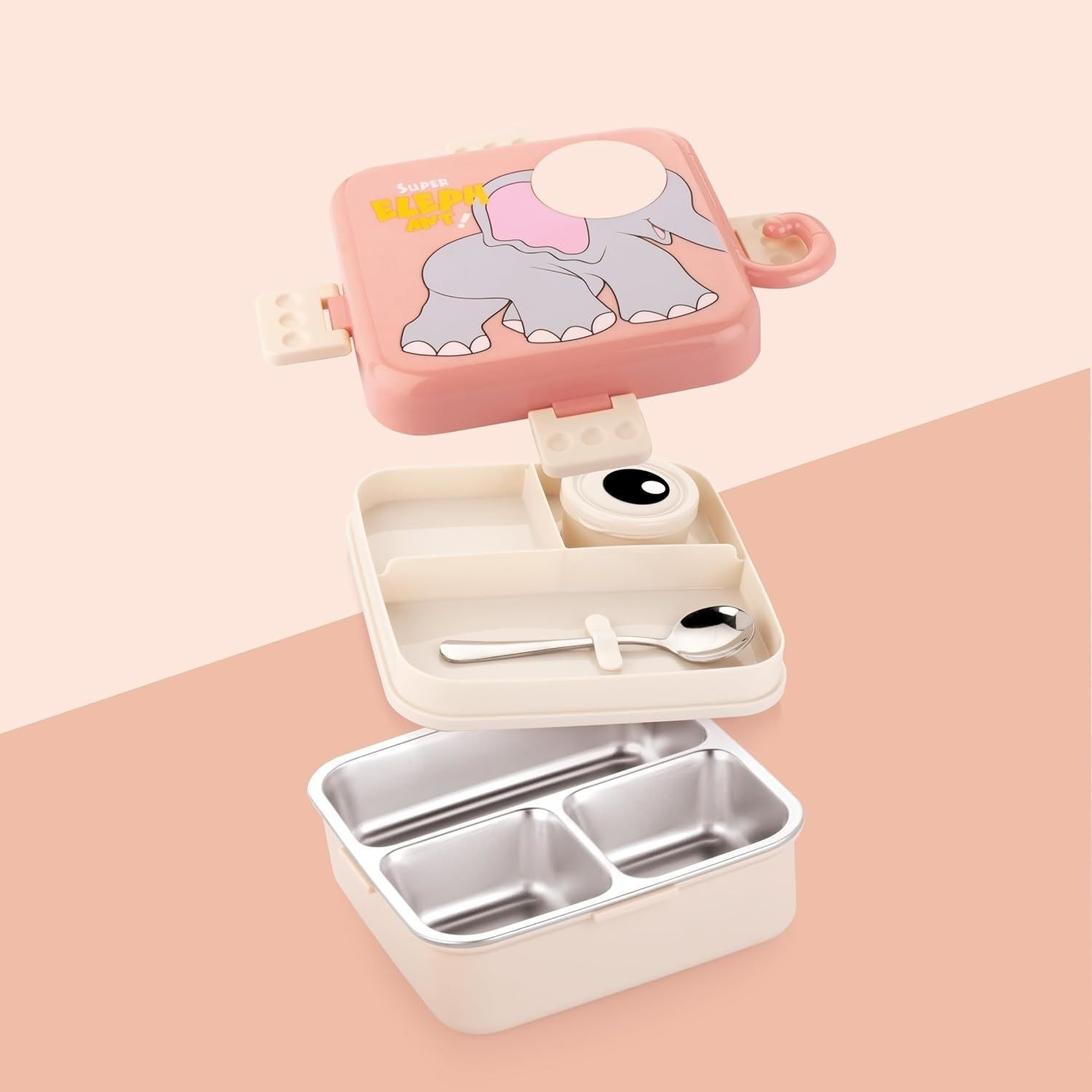 Image of Prejak ELEPHANT PINK 3 Containers Stainless Steel School Lunch Box