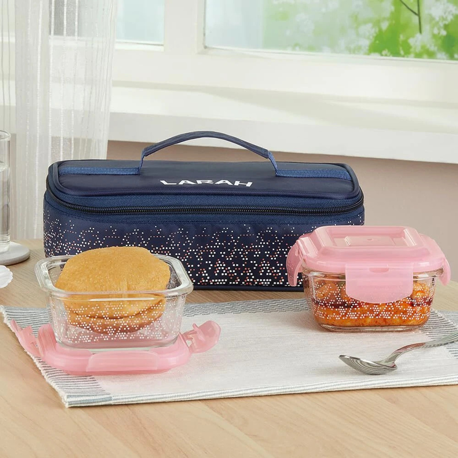 Image of Larah by Borosil Speckle Pink Borosilicate Glass Tiffin, (320ml x 2) Horizontal, Square 2 Containers Glass Office Lunch Box