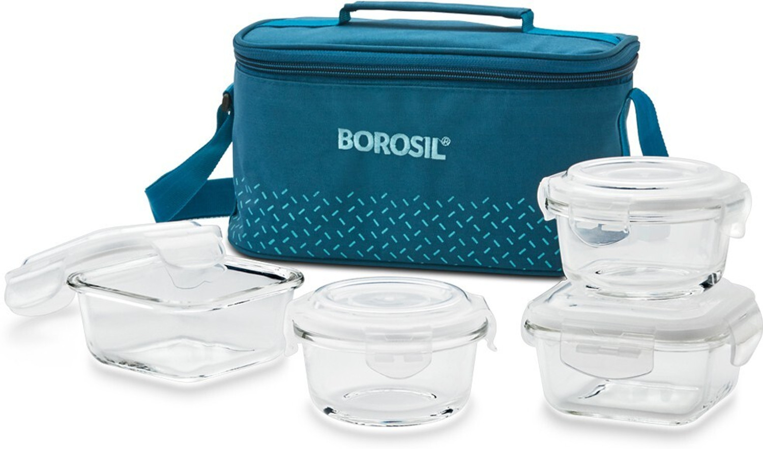 Image of BOROSIL Teal Universal Bag, 4 Pc (320ml x 2 Square + 240ml x 2 Round) Office Tiifin 4 Containers Glass Office Lunch Box (1120 ml)
