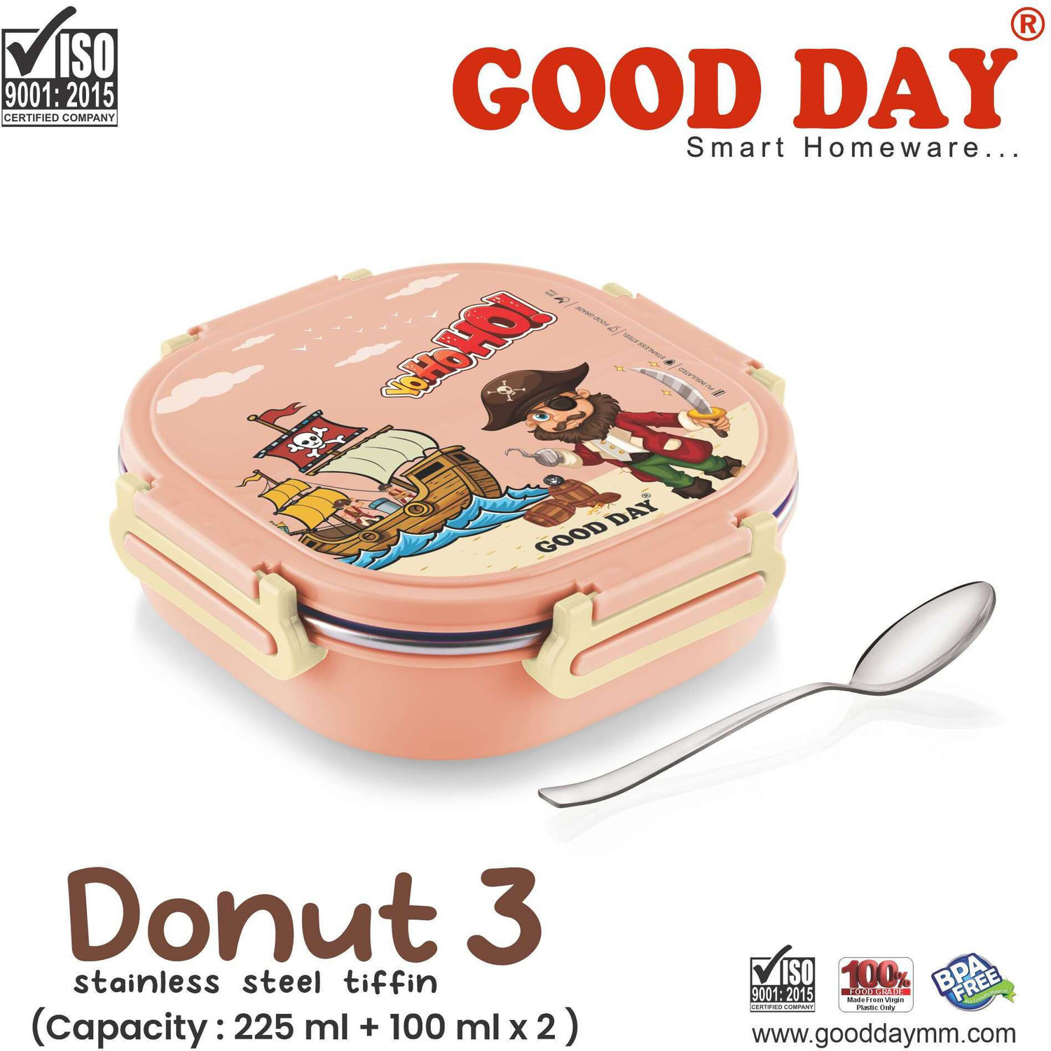 Image of Good Day Donut 3 Insulated Steel Tiffin With Spoon For Kids, School 3 Containers Stainless Steel School Lunch Box