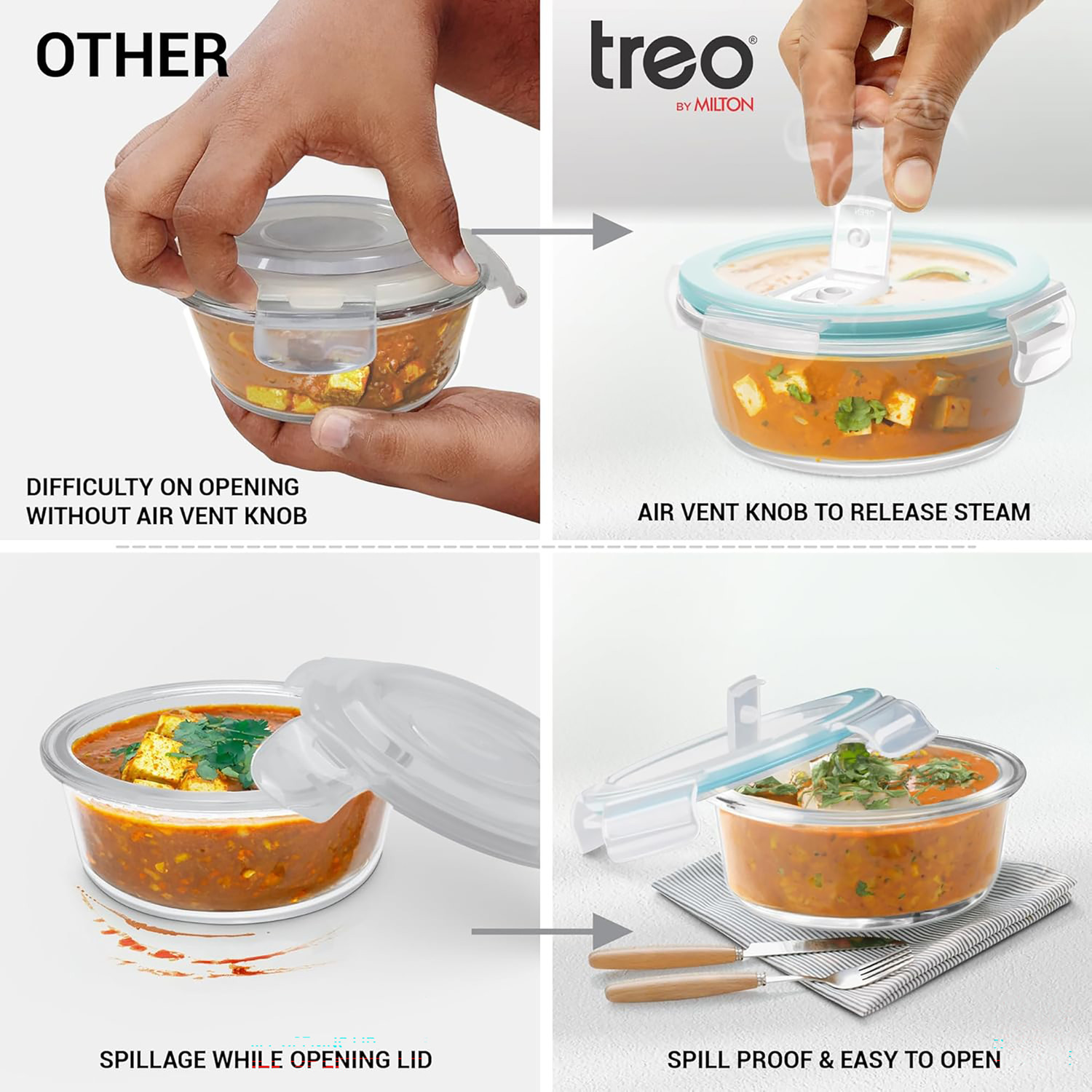 Image of TREO All Weather Glass Round Tiffin Set of 8, Carry Jacket & Steel Bottle, Black 6 Containers Glass Office Lunch Box