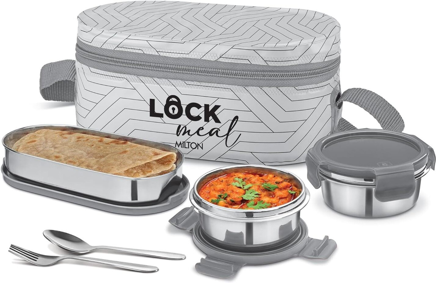Image of MILTON Lock Meal Lunch Box (2 Inner Steel Containers 320ml Each, 1 Oval 450ml) 3 Containers Stainless Steel Office Lunch Box