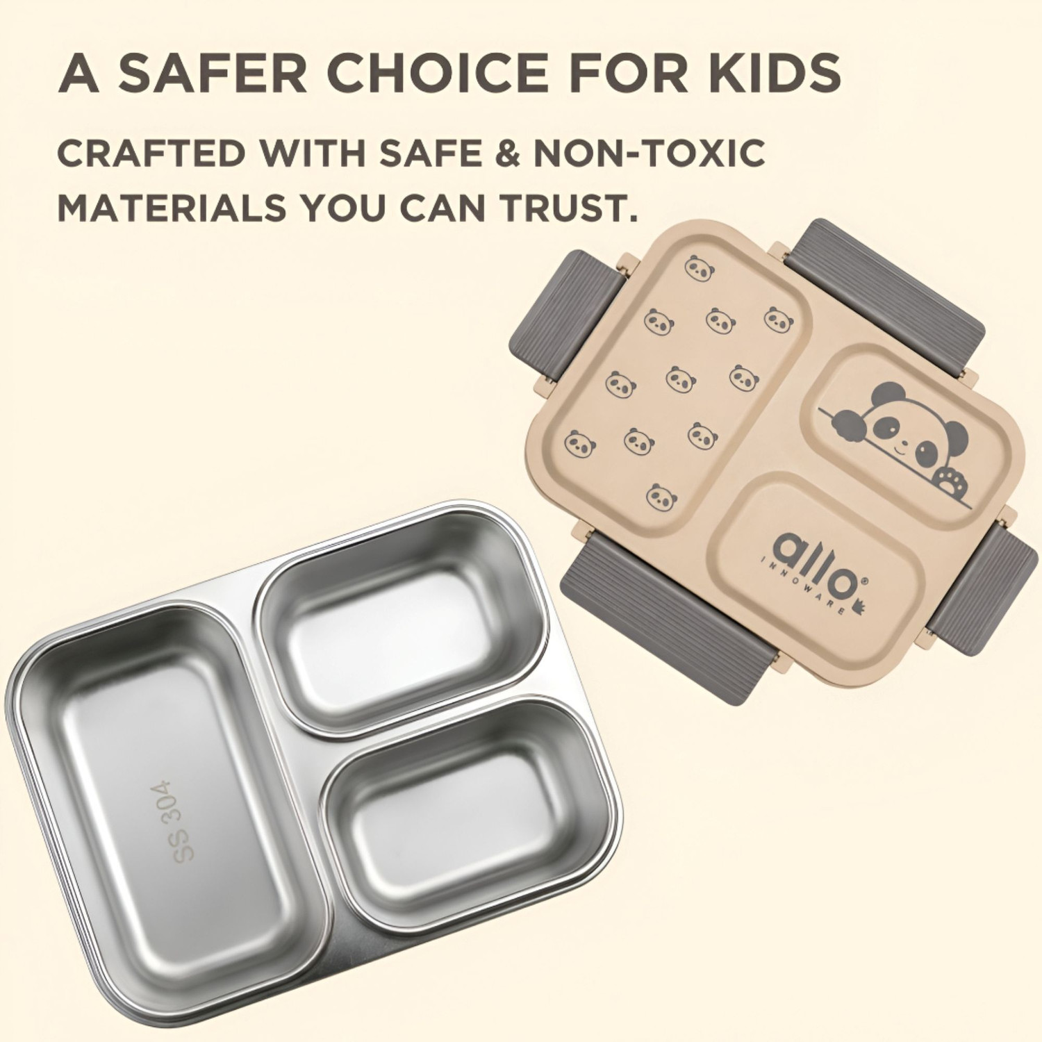 Image of Allo Bento Stainless Steel Lunch Box for Kids BIS Approved, 3 Compartment Leakproof 1 Containers Stainless Steel School Lunch Box