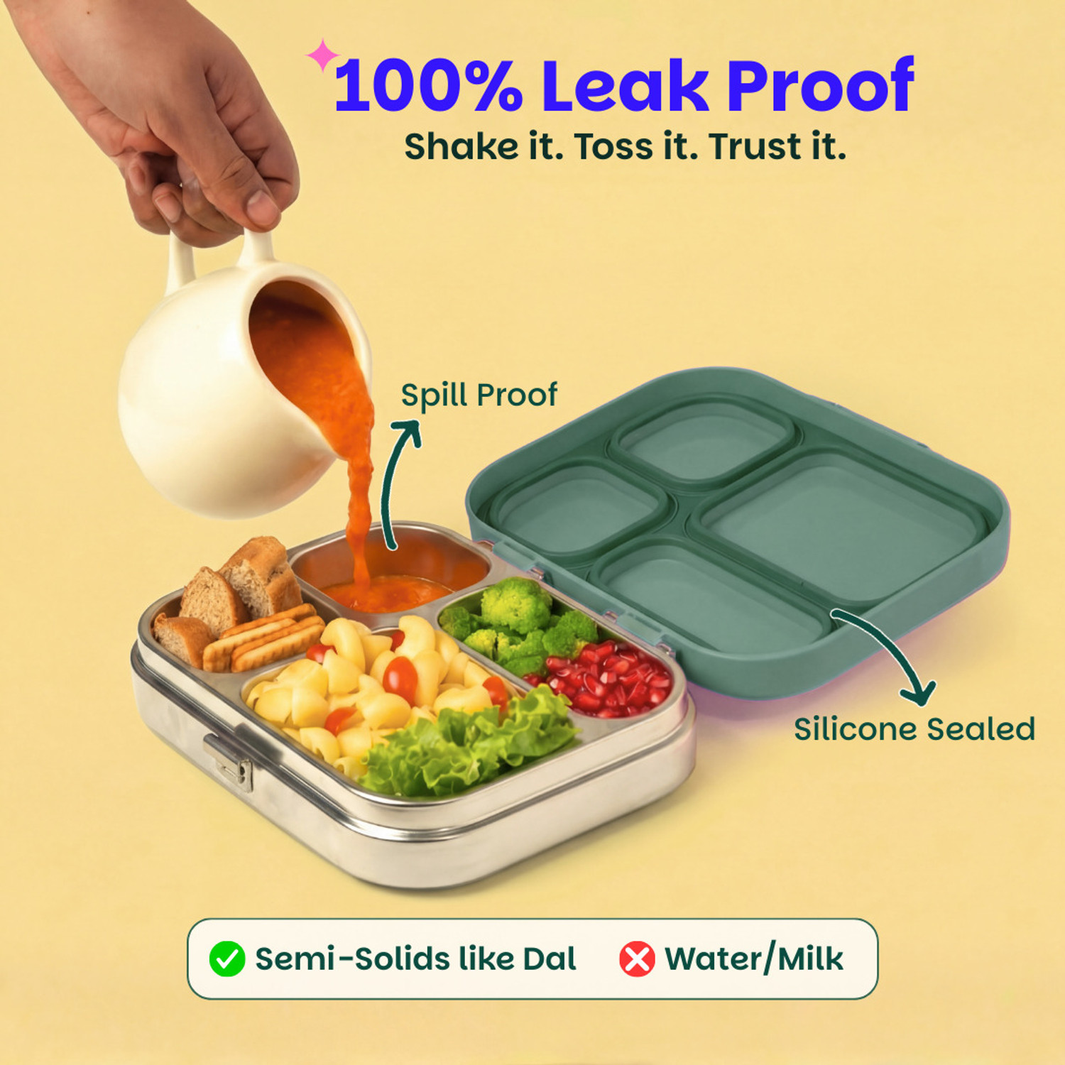 Image of BASIL Stainless Steel 4 Compartment Bento Lunch Box, BPA-Free Lid, 800ml - Wild Wood 4 Containers Stainless Steel Office Lunch Box