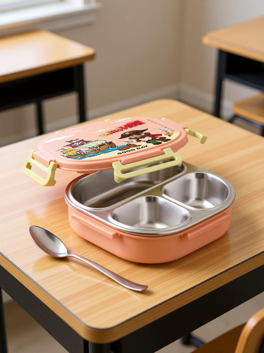 Image of Good Day Donut 3 Insulated Steel Tiffin With Spoon For Kids, School 3 Containers Stainless Steel School Lunch Box