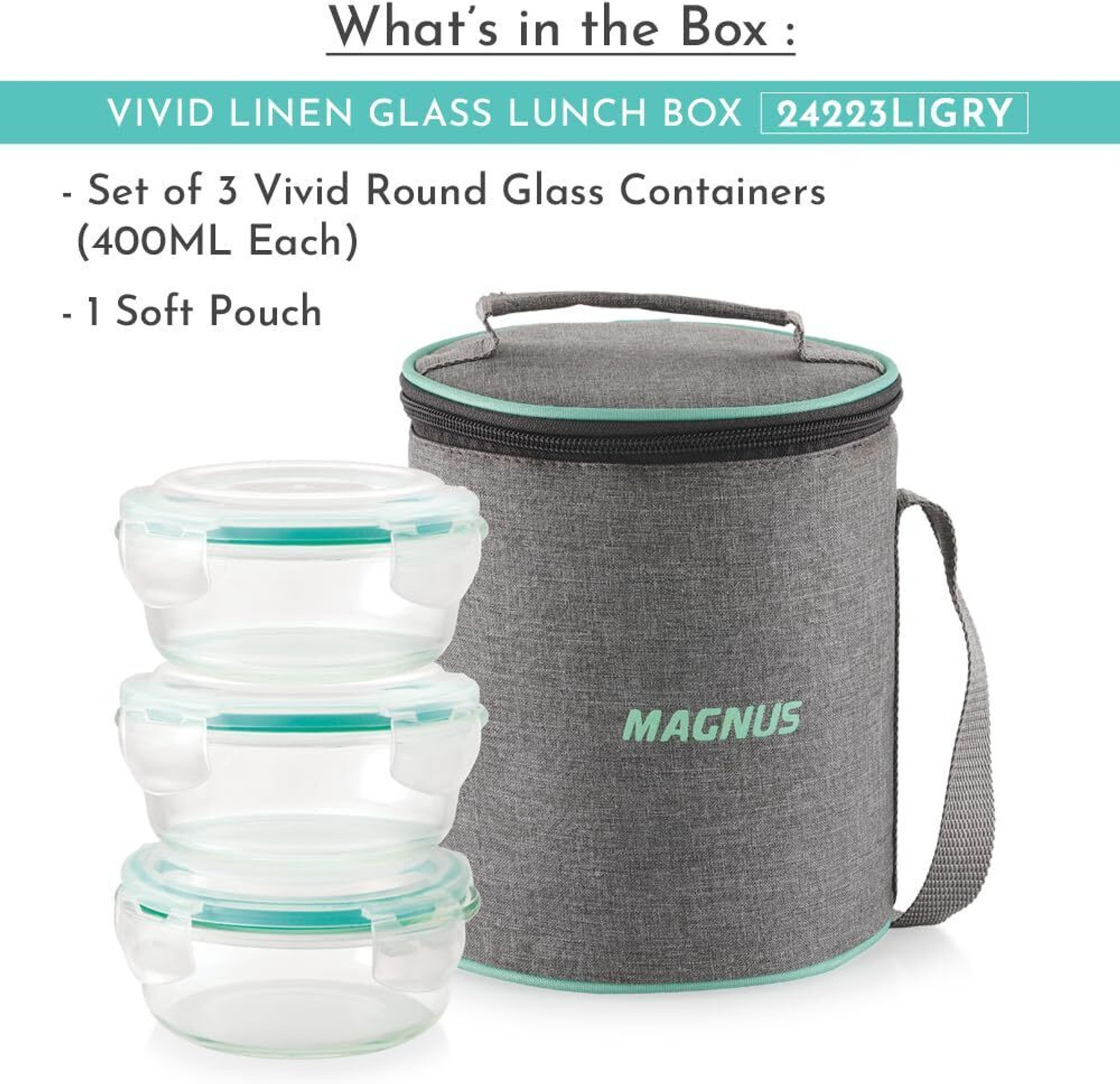 Image of Magnus Vivid Glass Lunch Box with Vertical Linen Pouch and Fixed Clip 3 Containers Glass Office Lunch Box