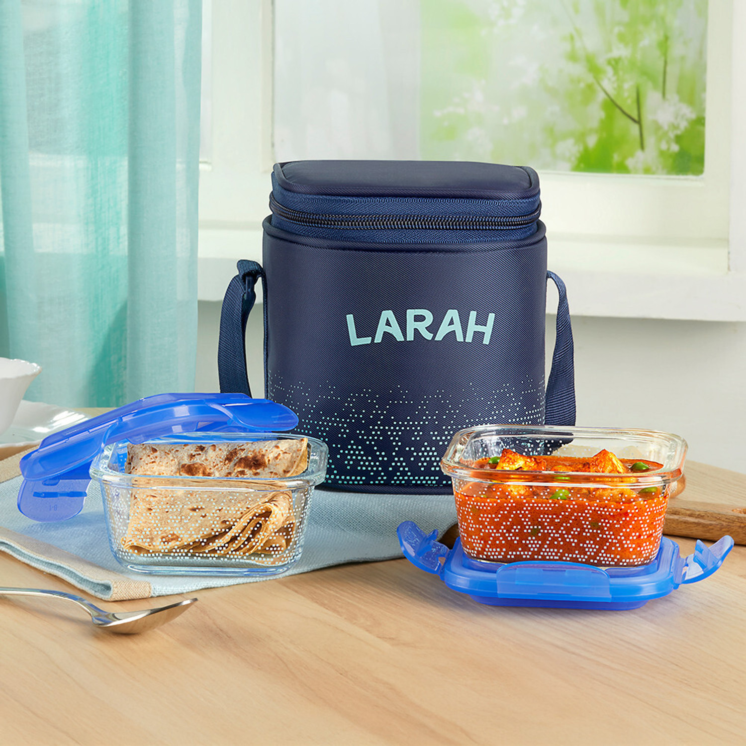 Image of Larah by Borosil Speckle Blue Borosilicate Glass Lunchbox, 2pc Square Set (320ml x 2) Vertical 2 Containers Glass Office Lunch Box