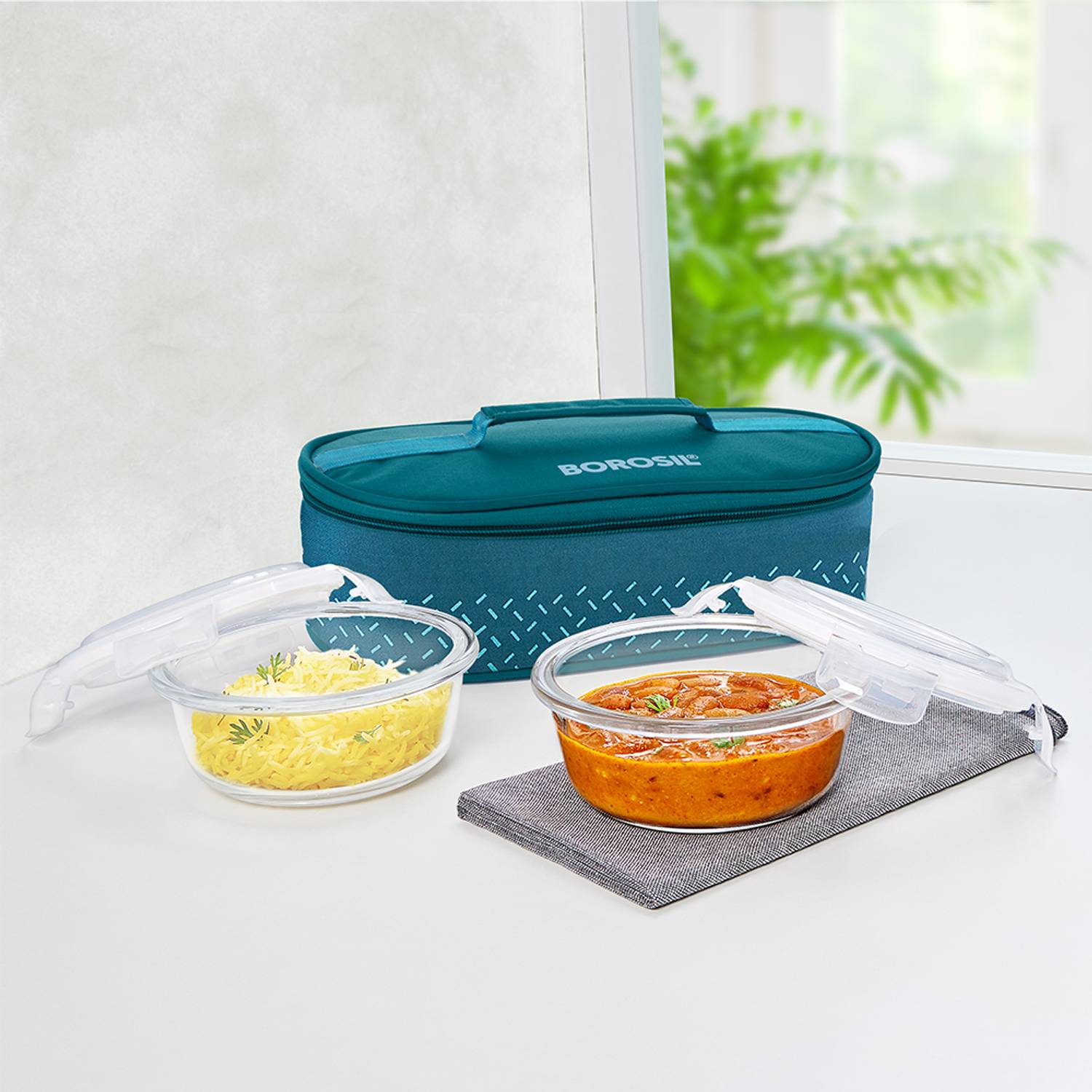 BOROSIL Teal Lunch Box with Bag, 2pc (400 ml x 2 Round), Horizontal Glass Office Tiifin 2 Containers Glass Office Lunch Box