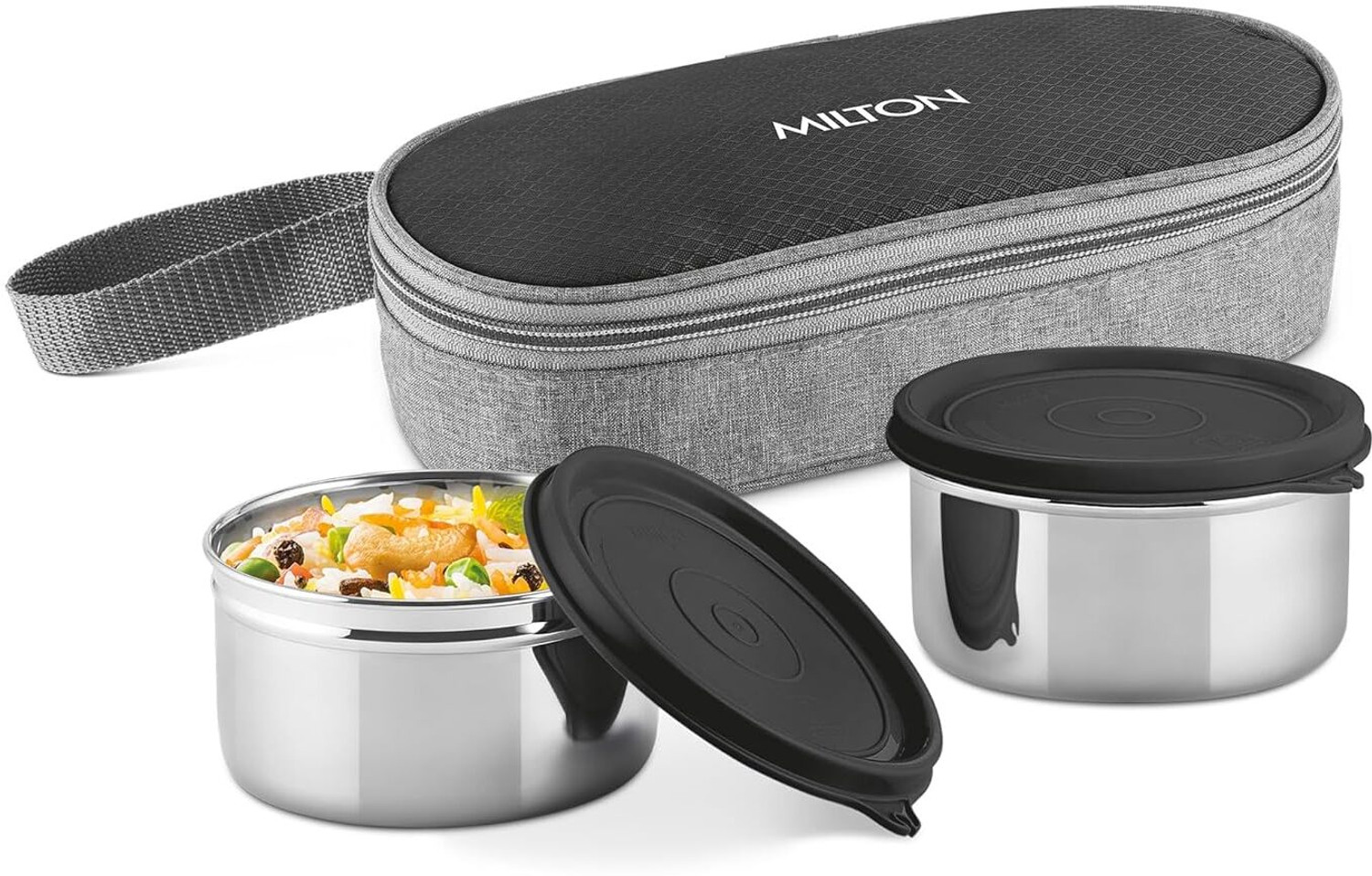 Image of MILTON Plato Pack Small Stainless Steel Lunch Box (2 X 340 ml containers) with Jacket | 2 Containers Stainless Steel Office Lunch Box