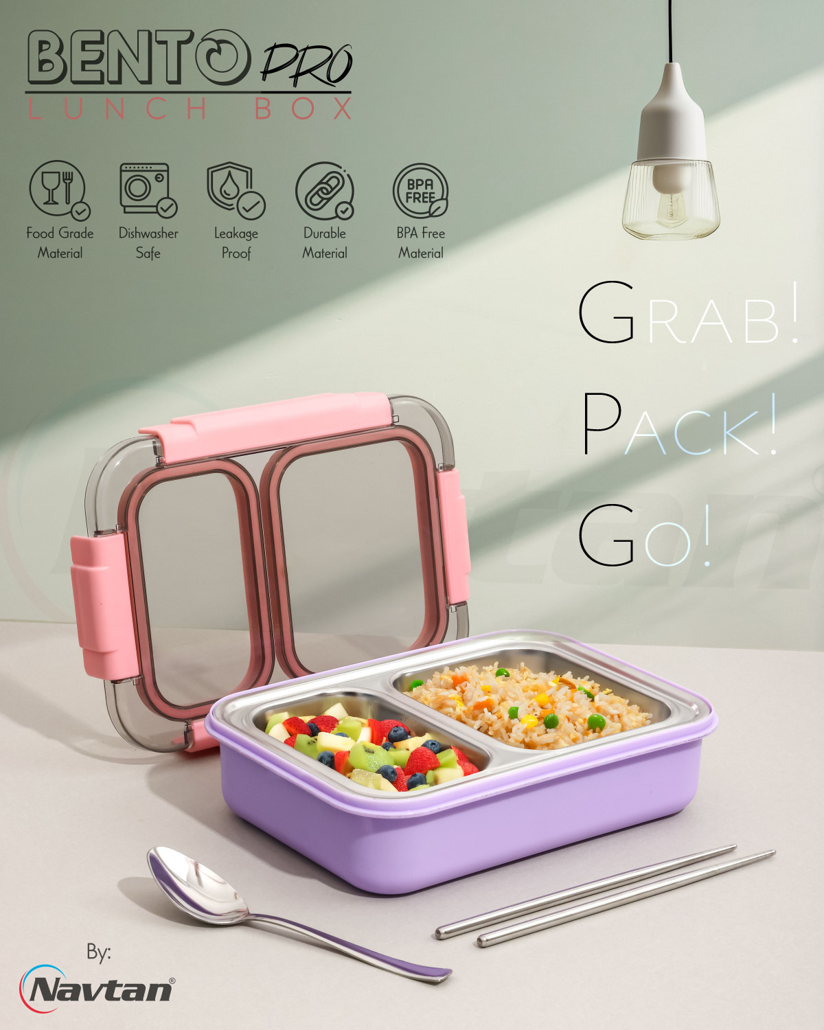 Image of NAVTAN Bento Pro 2 Section Lunch Box | Stainless Steel | Air Tight | Spoon & Chopsticks 2 Containers Stainless Steel College Lunch Box