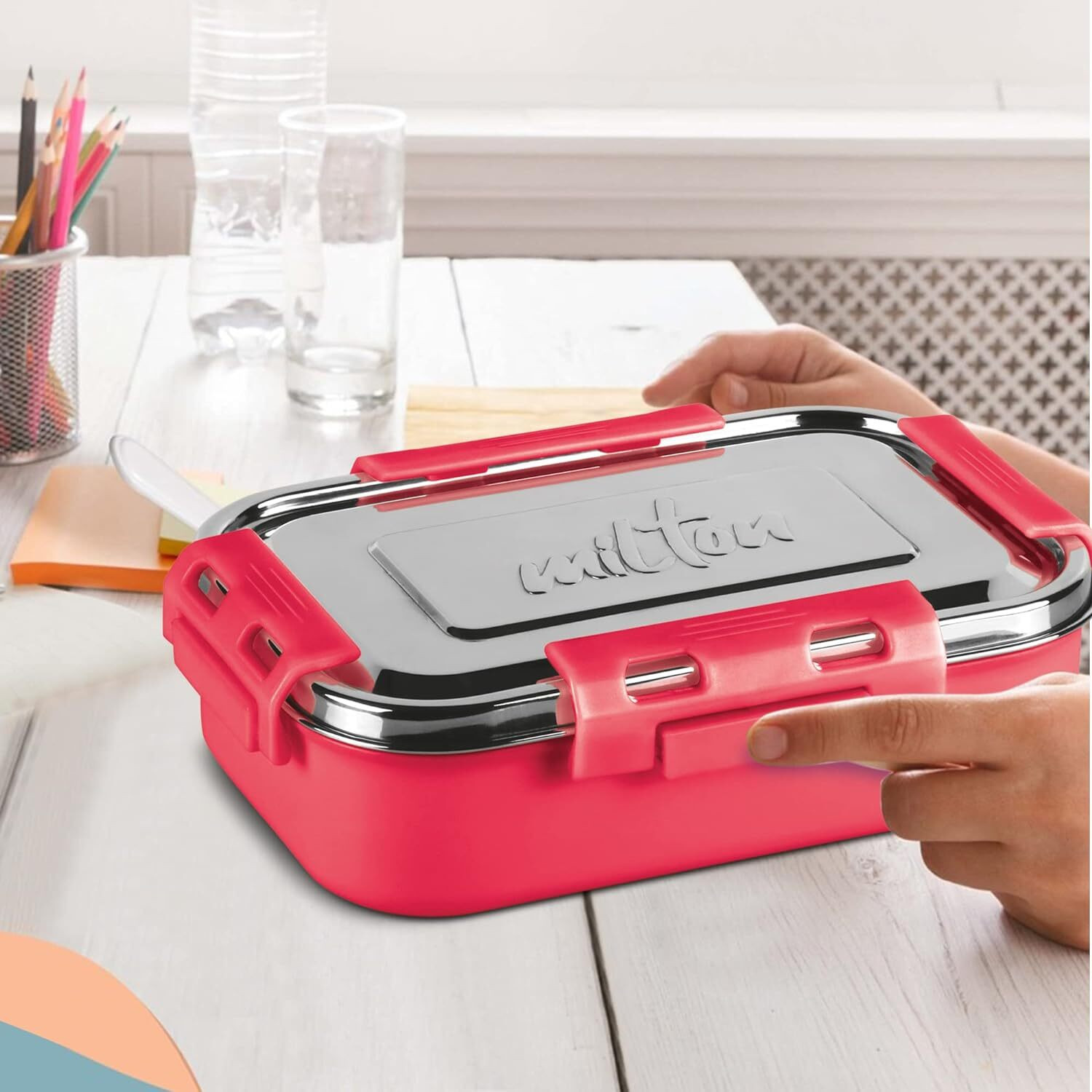 Image of MILTON Steel Flat Insulated Inner Stainless Steel Tiffin Box RED Easy to Clean 2 Containers Plastic, Stainless Steel Office Lunch Box