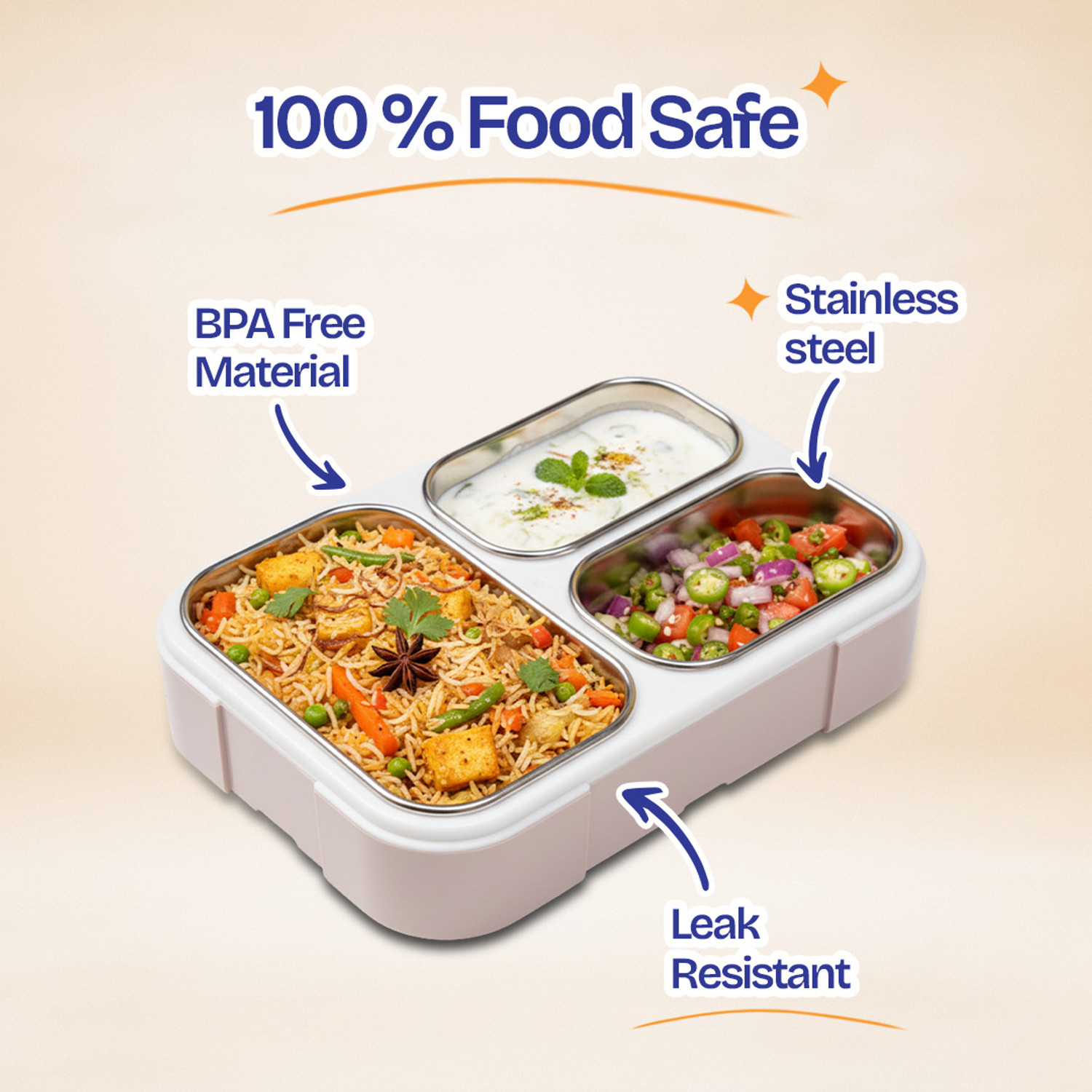 Image of MyneeMoe KOSTA-3 Insulated Stainless Steel Lunch Box 3 Compartment Leakproof Bento Tiffin 3 Containers Stainless Steel, Plastic School Lunch Box